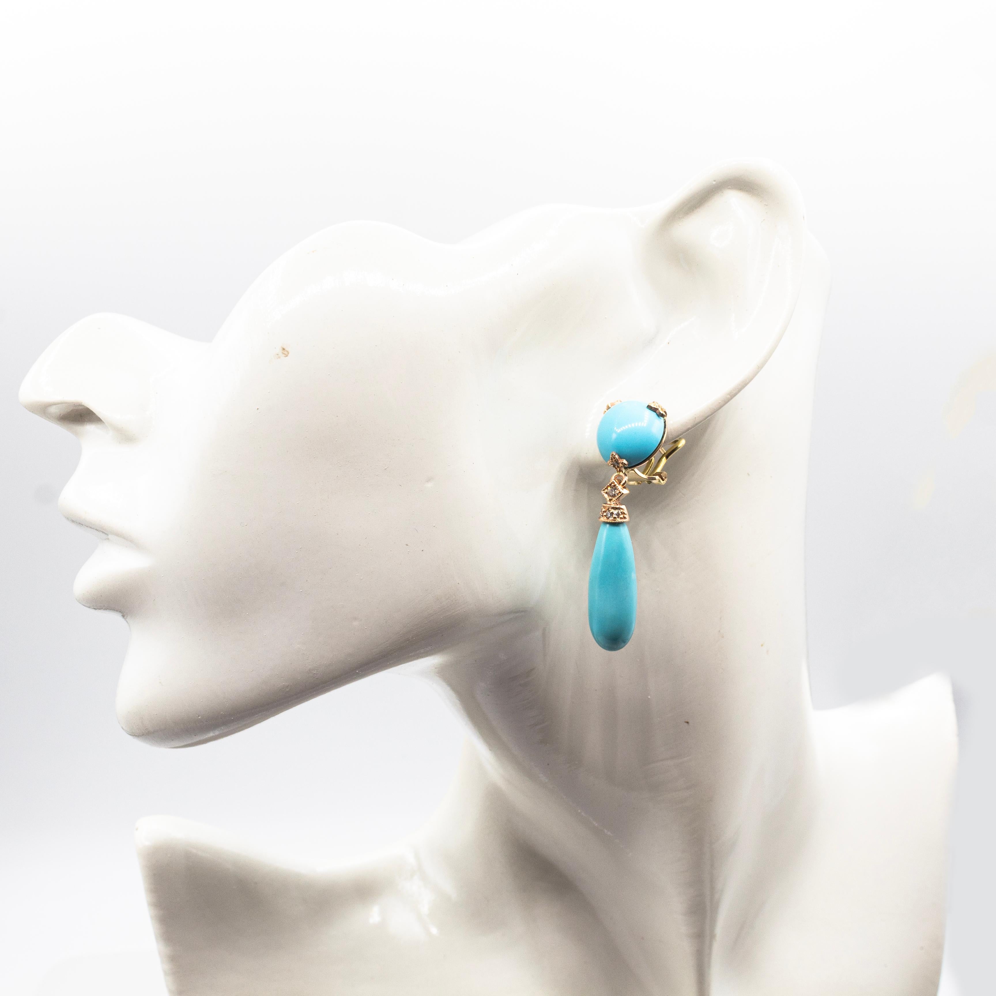 Boucles d'oreilles pendantes de style Art déco en or jaune avec diamant blanc et turquoise naturelle en vente 4