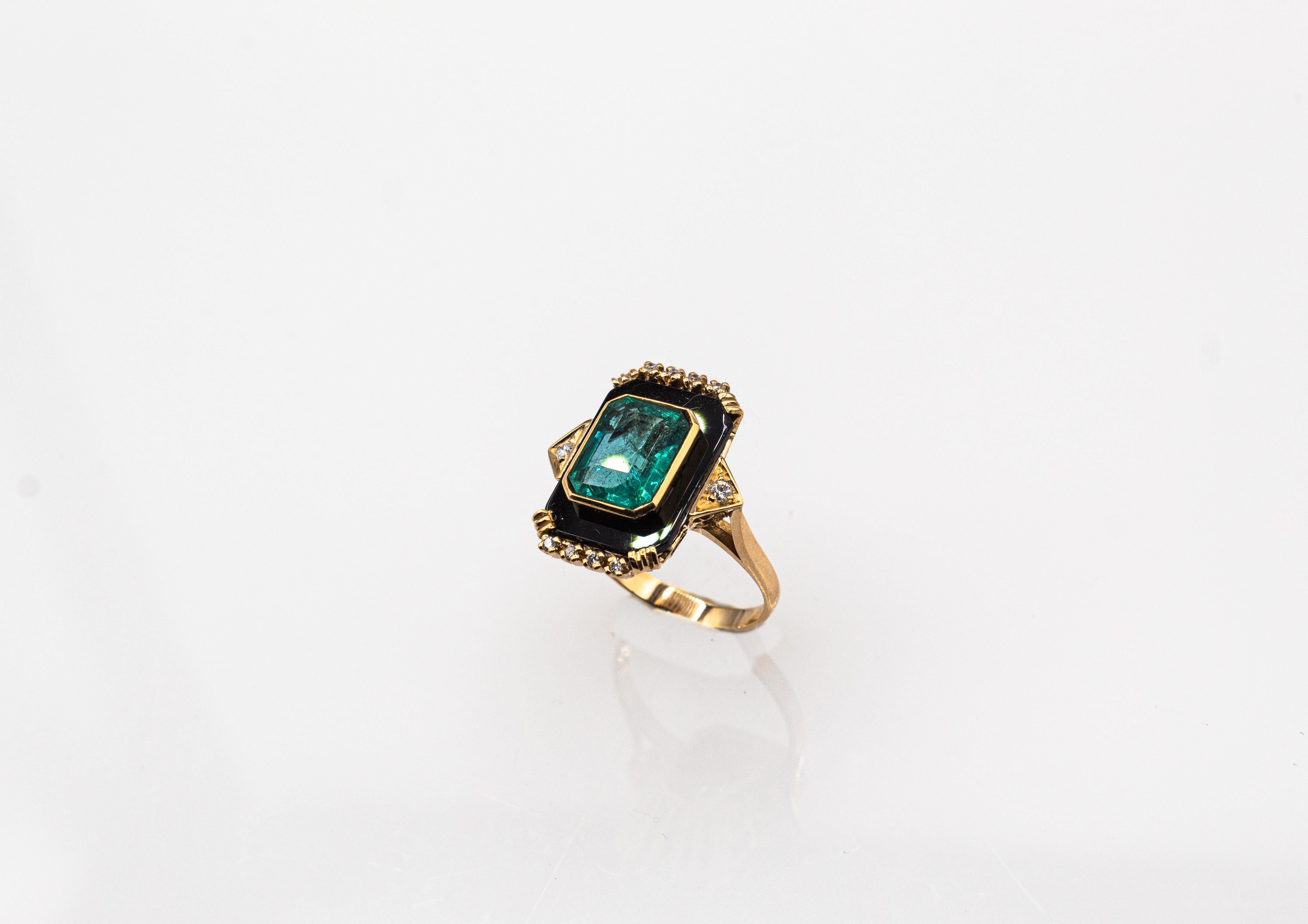 Art Deco Style White Diamond Octagon Cut Emerald Onyx Yellow Gold Cocktail Ring For Sale 5