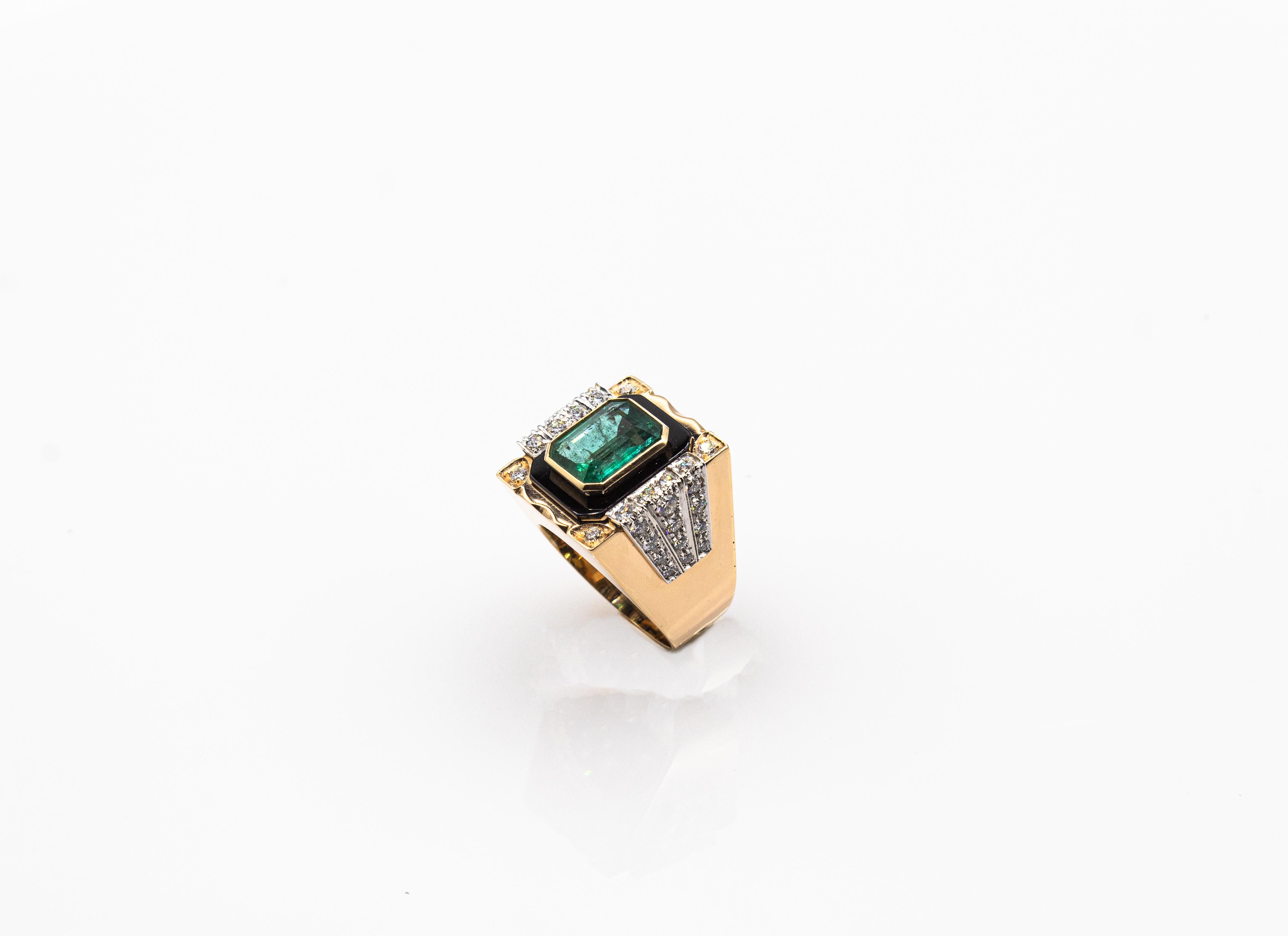 Art Deco Style White Diamond Octagon Cut Emerald Onyx Yellow Gold Cocktail Ring 5