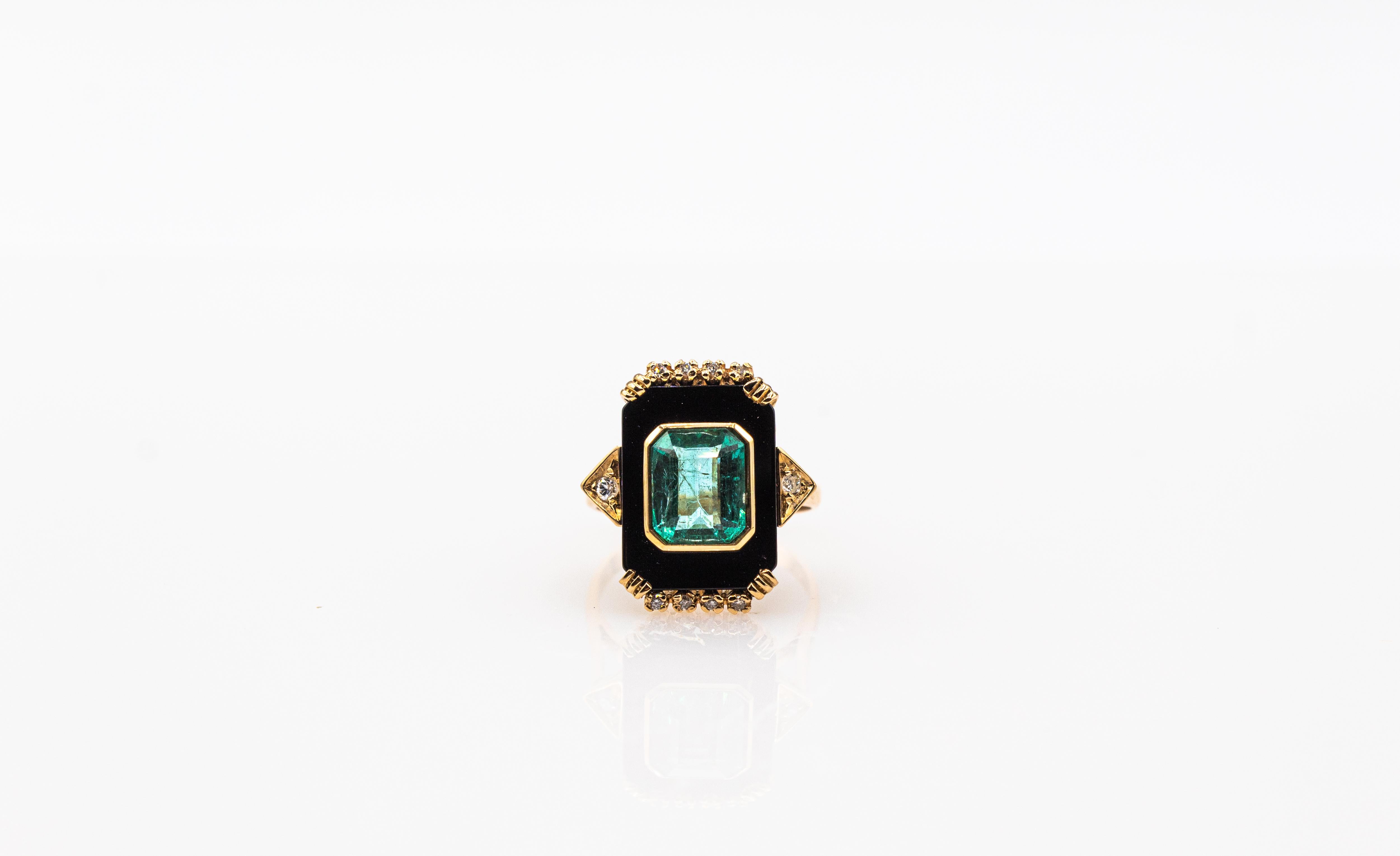 Art Deco Style White Diamond Octagon Cut Emerald Onyx Yellow Gold Cocktail Ring For Sale 5
