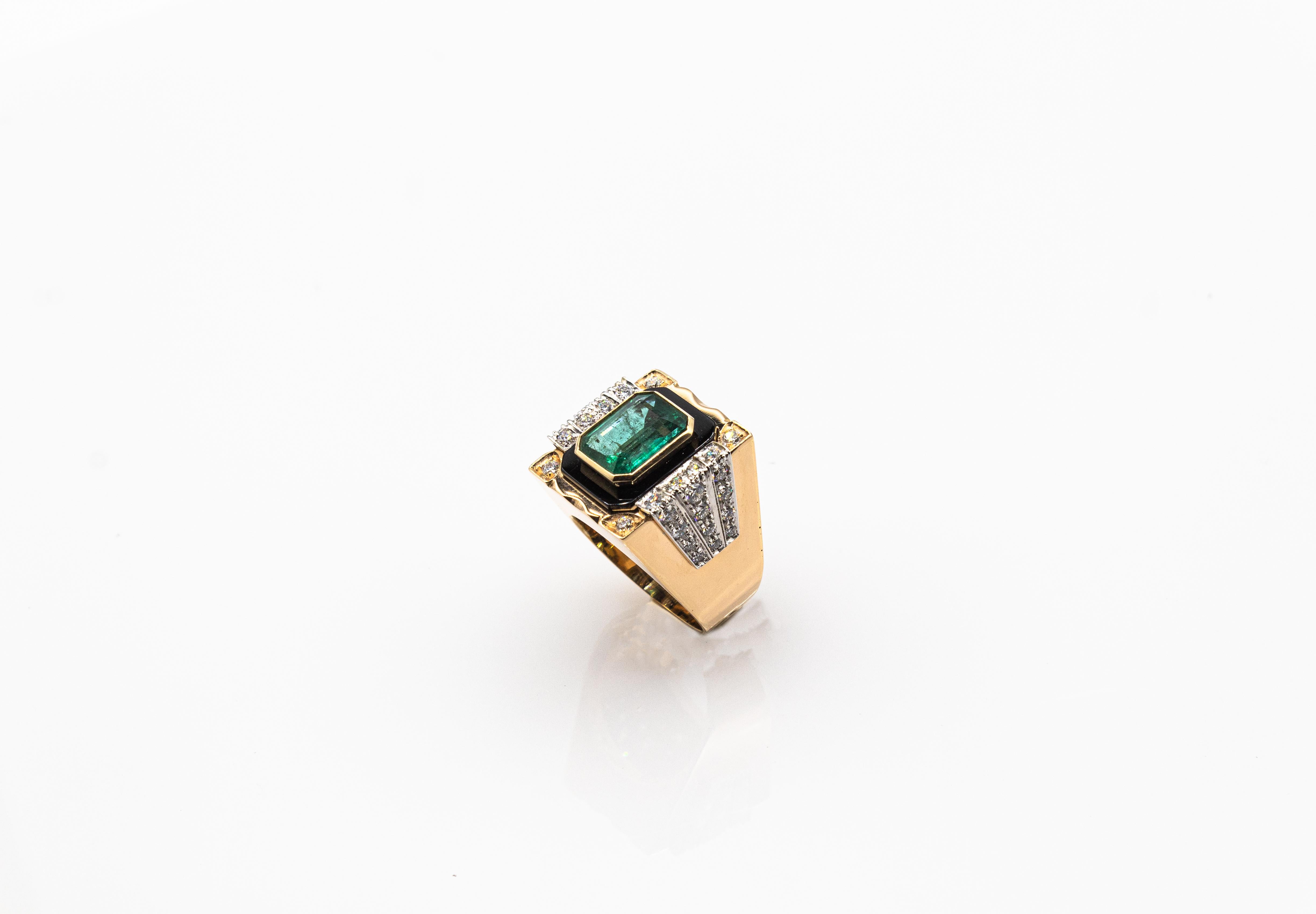 Art Deco Style White Diamond Octagon Cut Emerald Onyx Yellow Gold Cocktail Ring 6