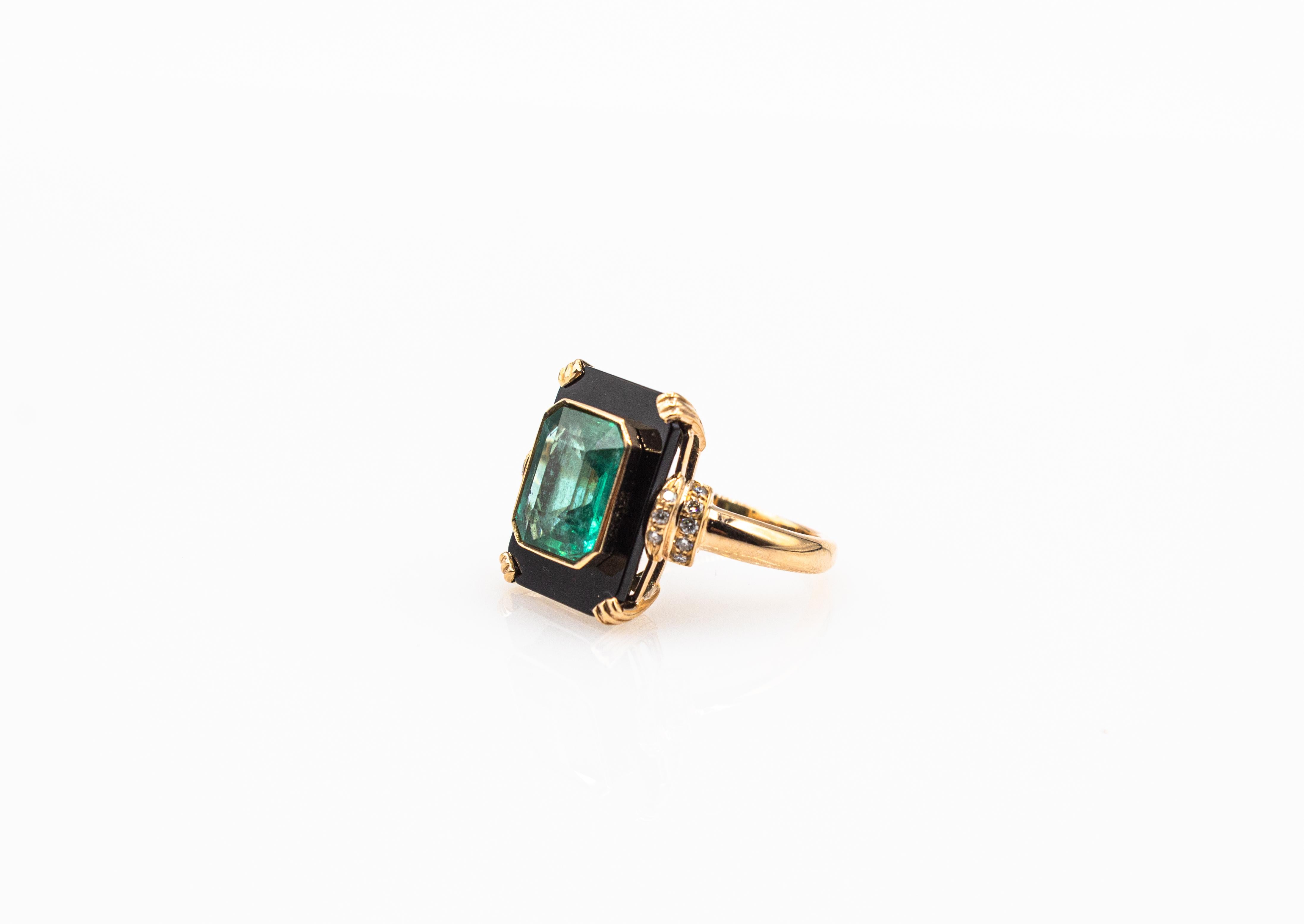 Art Deco Style White Diamond Octagon Cut Emerald Onyx Yellow Gold Cocktail Ring For Sale 6