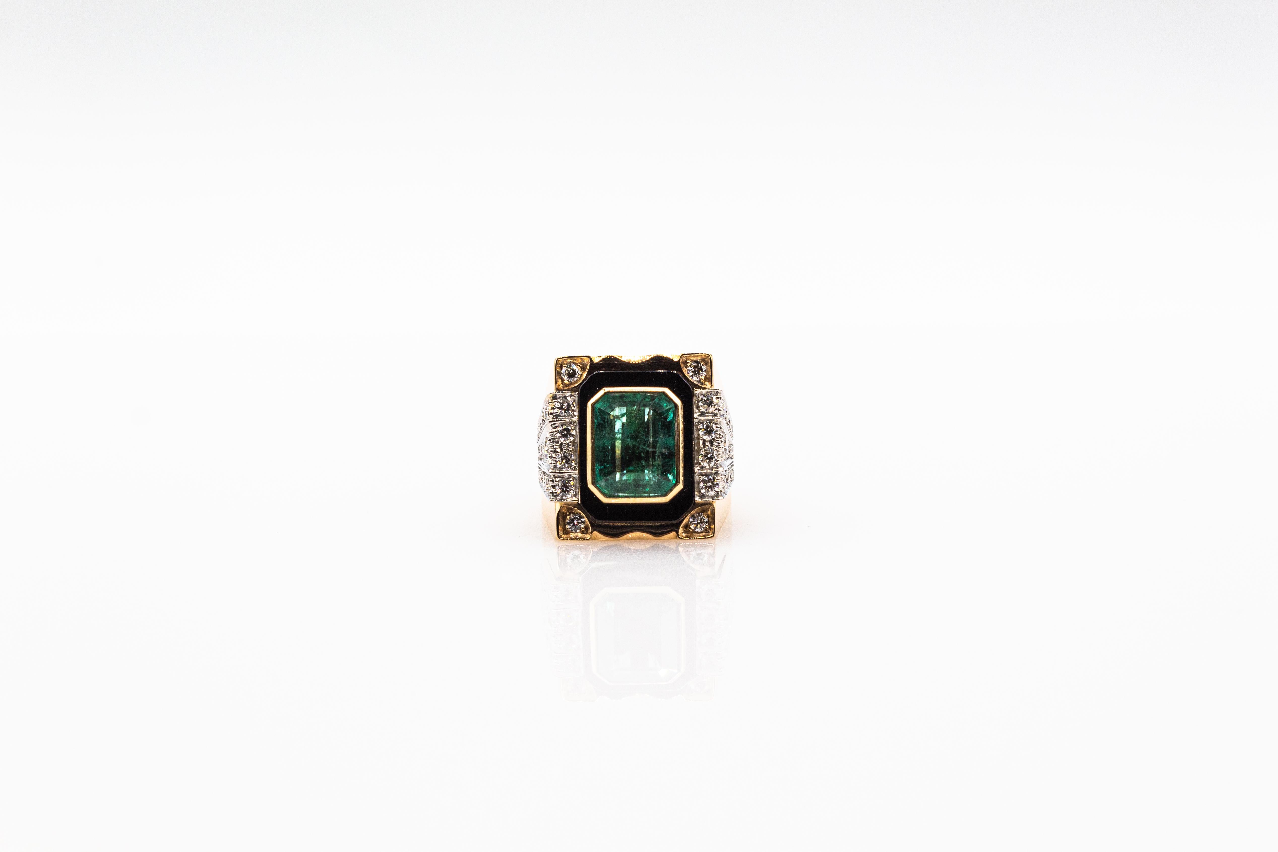 Art Deco Style White Diamond Octagon Cut Emerald Onyx Yellow Gold Cocktail Ring 7