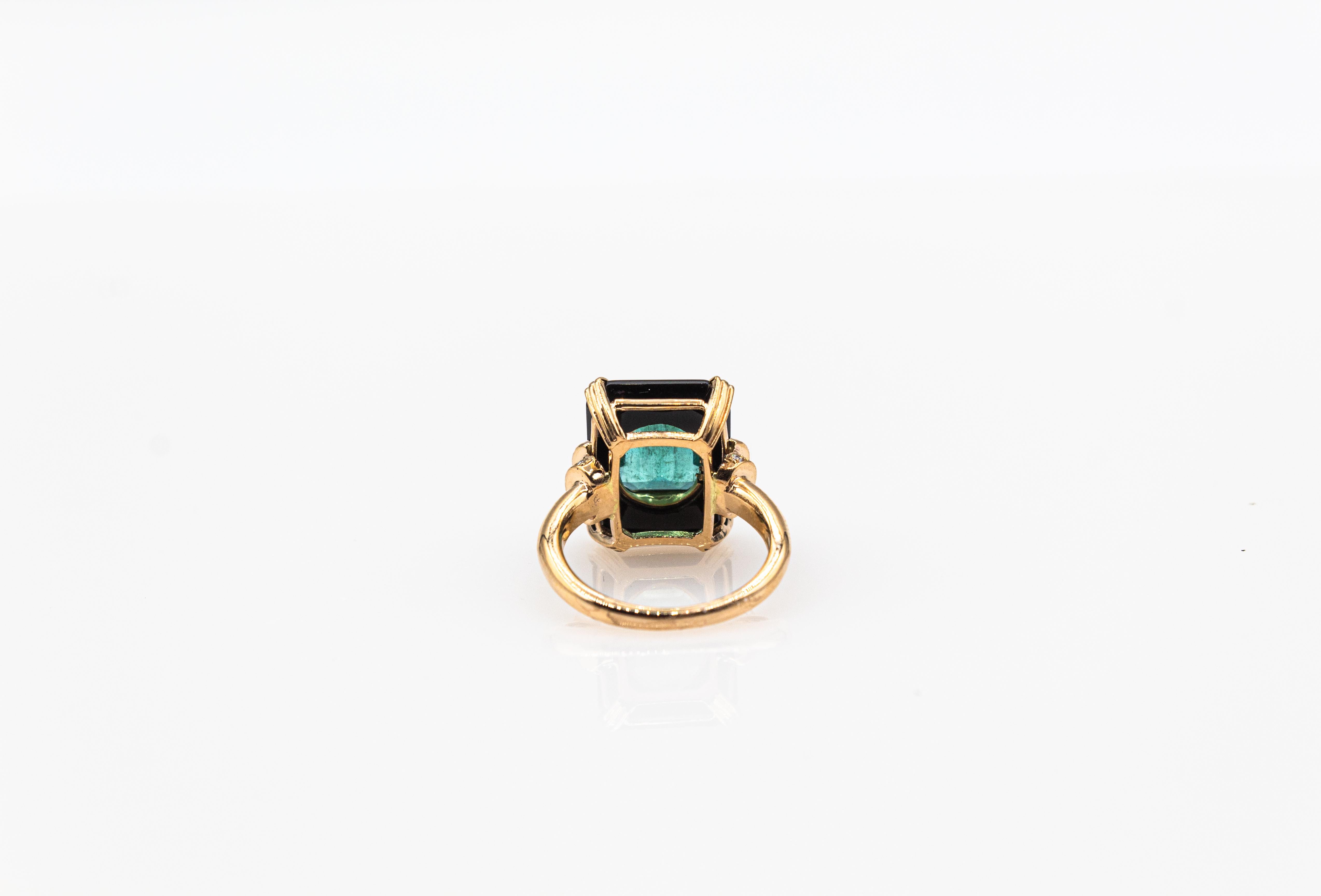 Art Deco Style White Diamond Octagon Cut Emerald Onyx Yellow Gold Cocktail Ring For Sale 7
