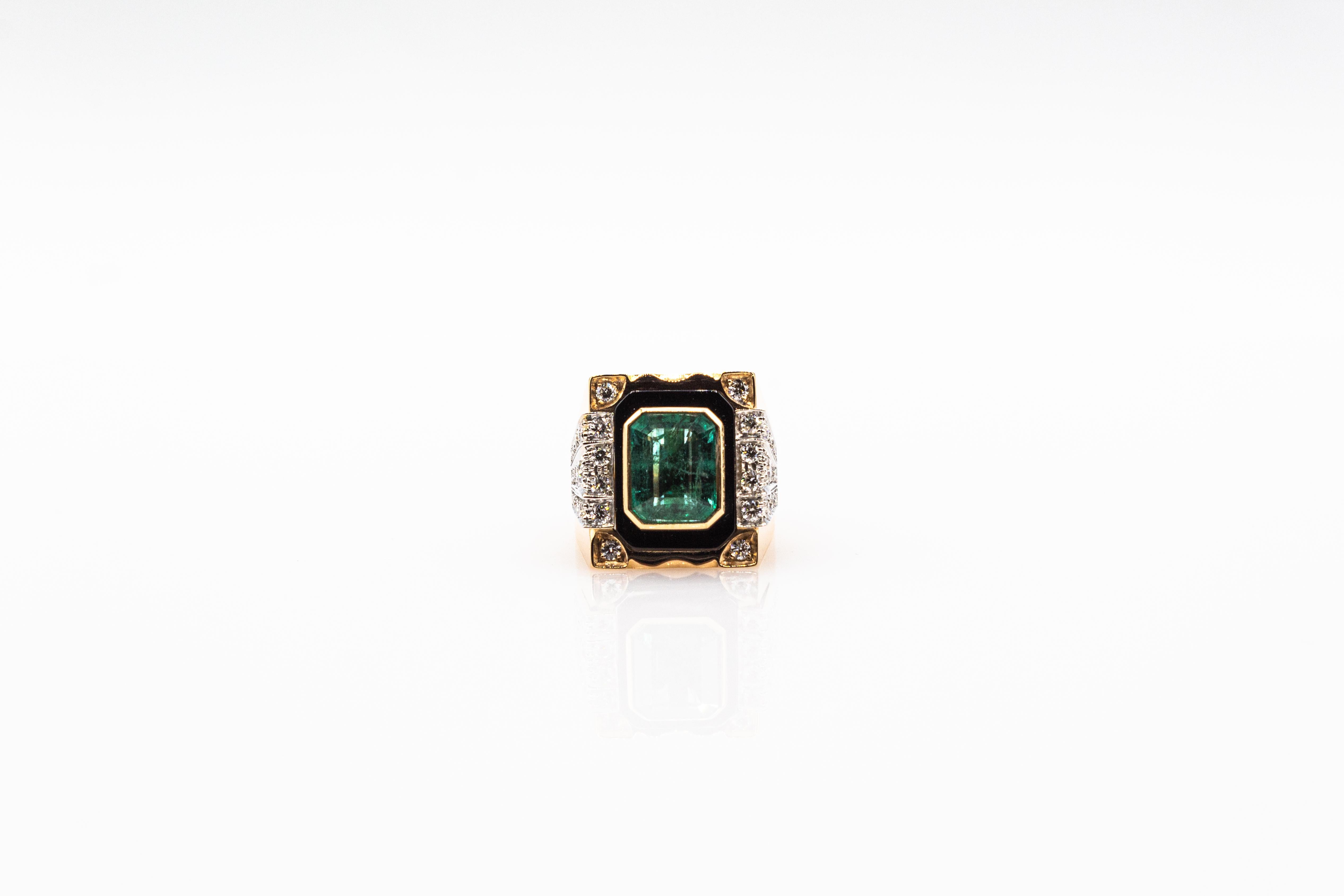 Art Deco Style White Diamond Octagon Cut Emerald Onyx Yellow Gold Cocktail Ring 8