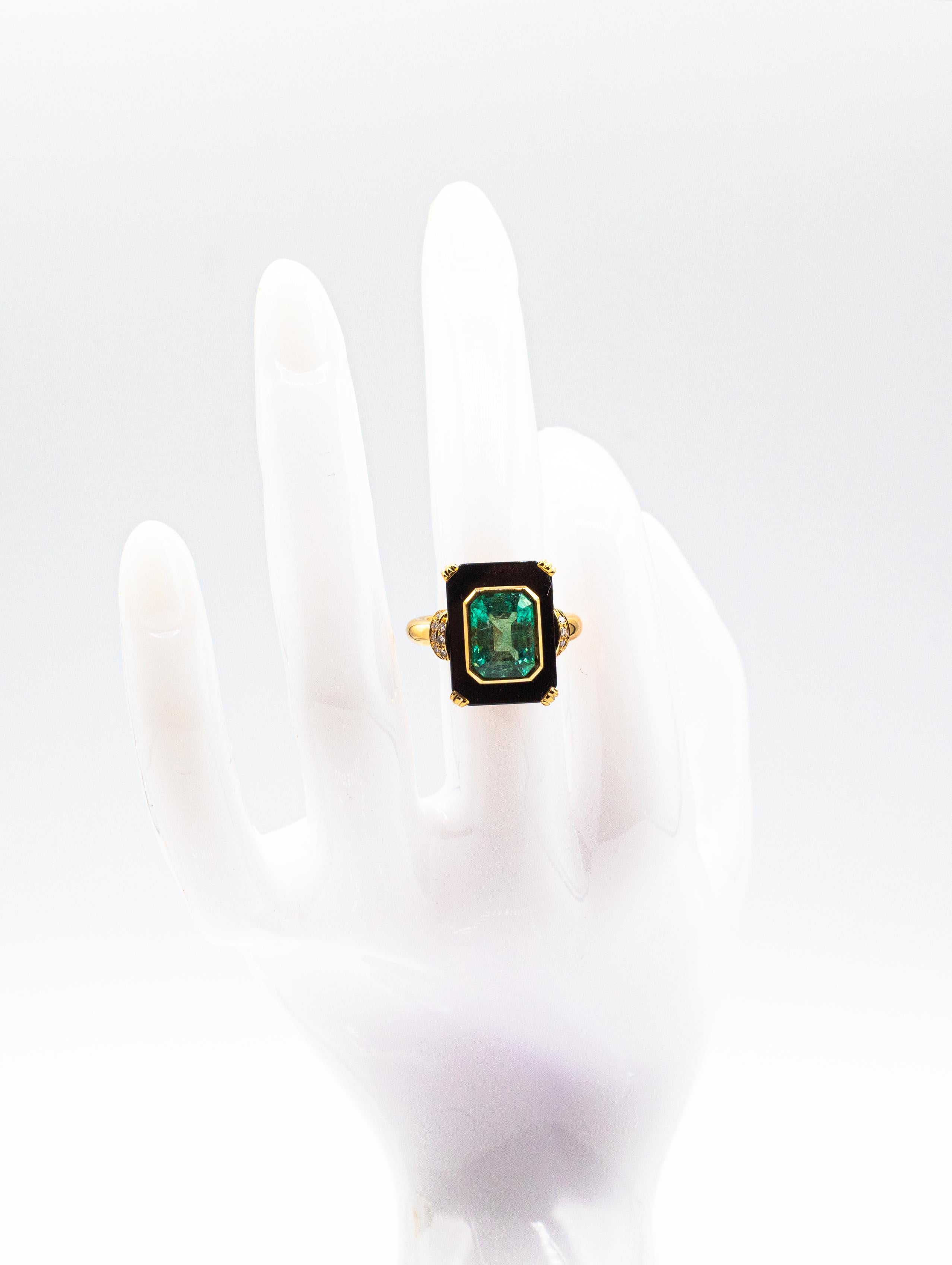 Art Deco Style White Diamond Octagon Cut Emerald Onyx Yellow Gold Cocktail Ring For Sale 7