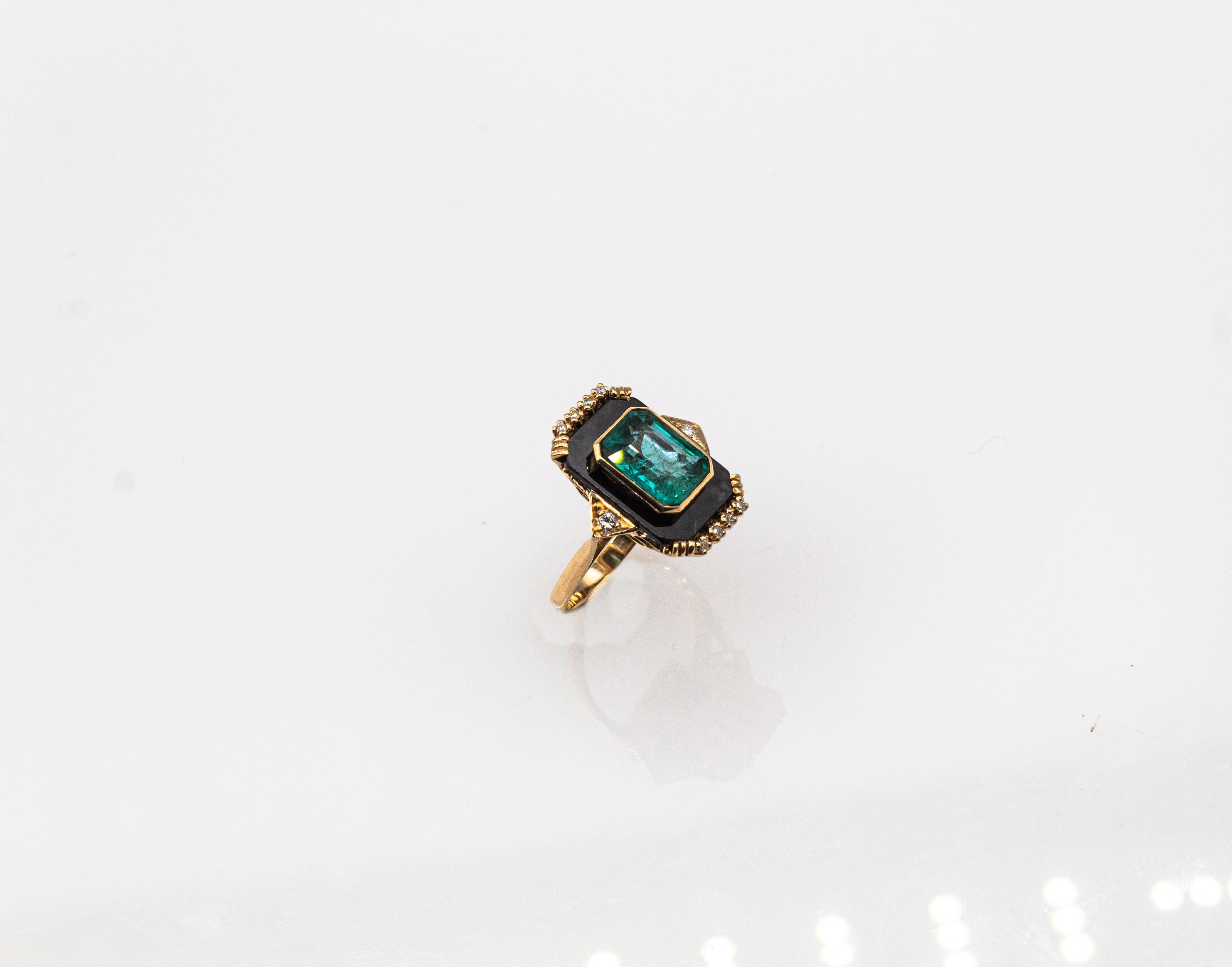 Art Deco Style White Diamond Octagon Cut Emerald Onyx Yellow Gold Cocktail Ring 9