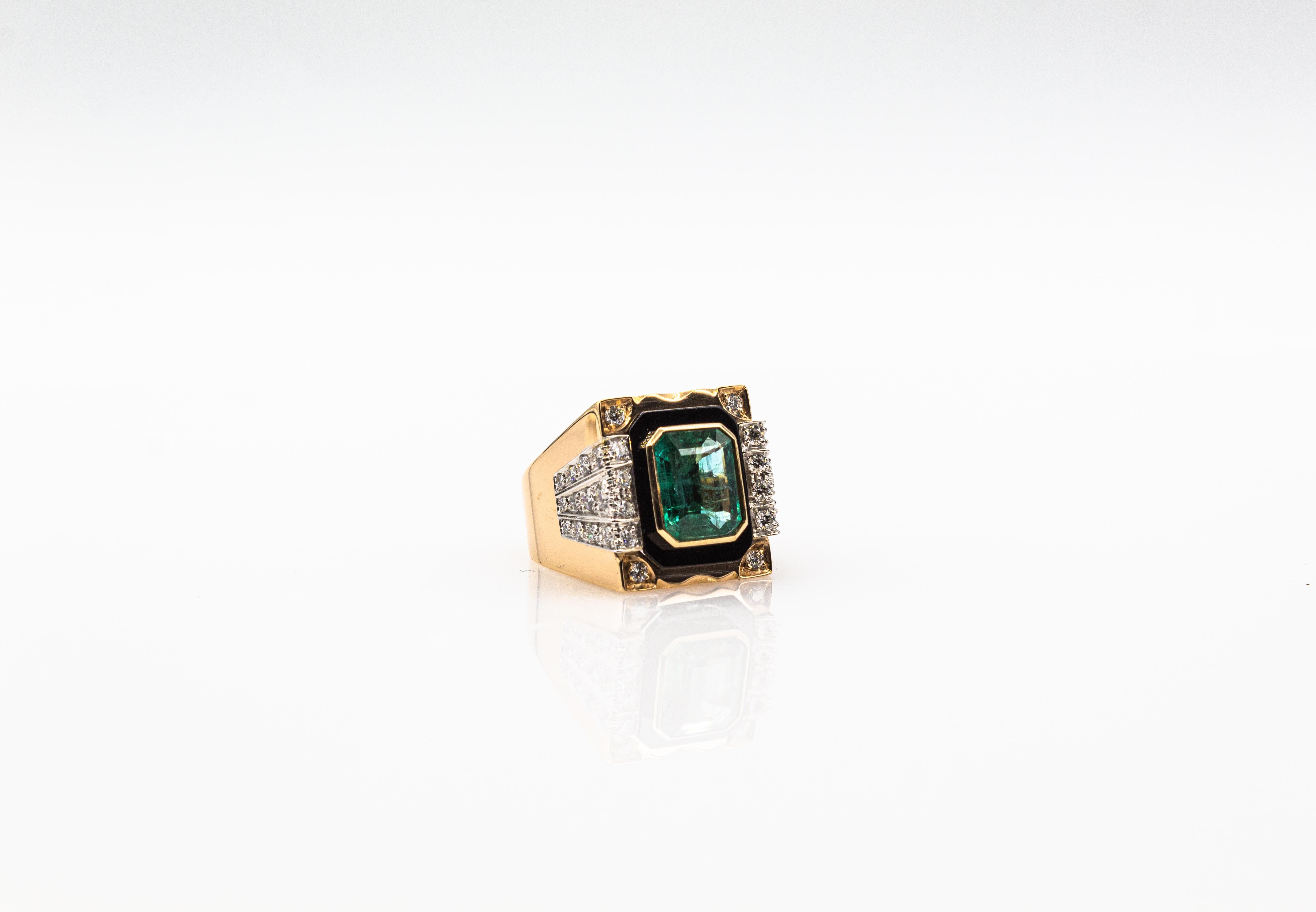 Art Deco Style White Diamond Octagon Cut Emerald Onyx Yellow Gold Cocktail Ring 9