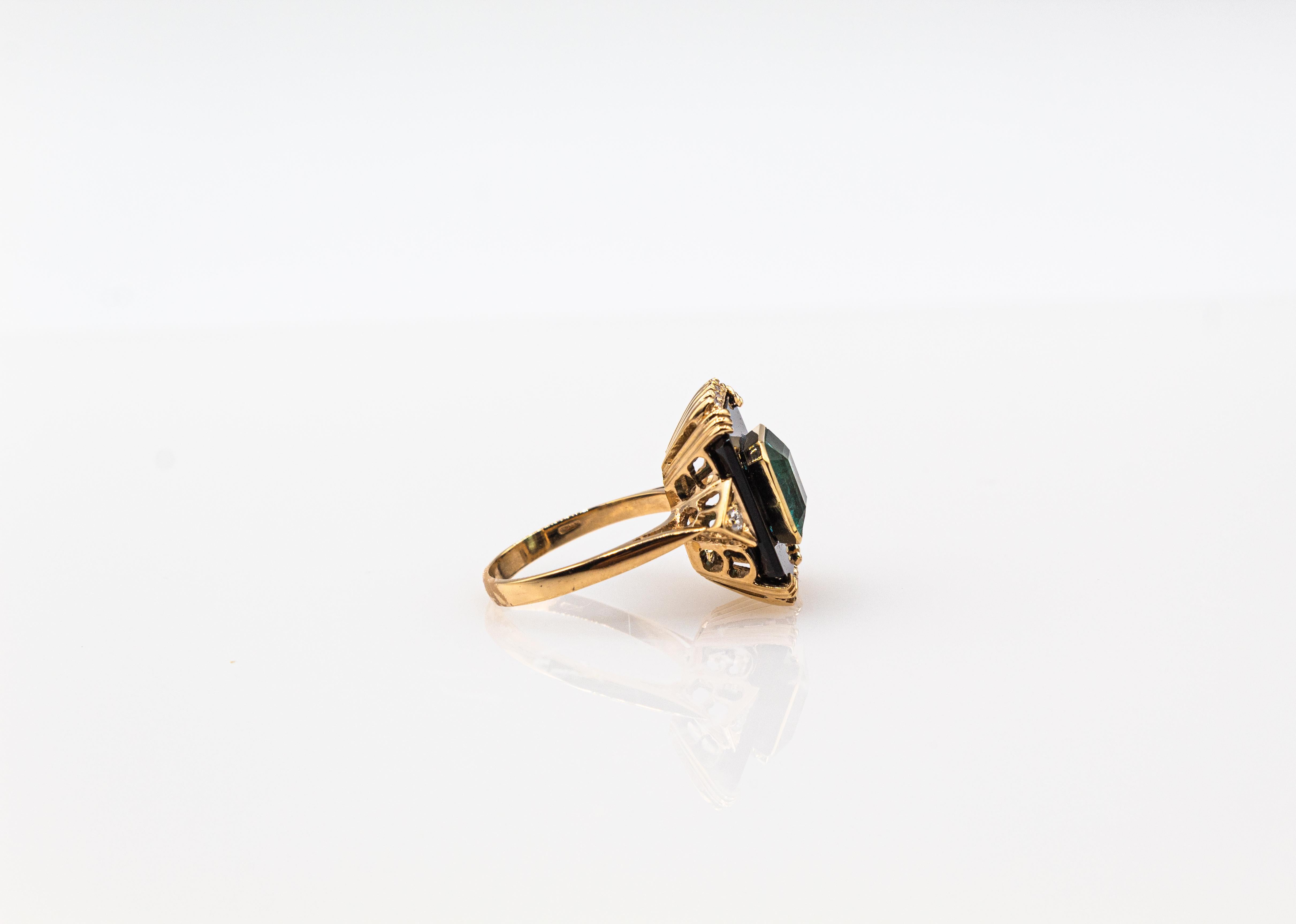 Art Deco Style White Diamond Octagon Cut Emerald Onyx Yellow Gold Cocktail Ring 9