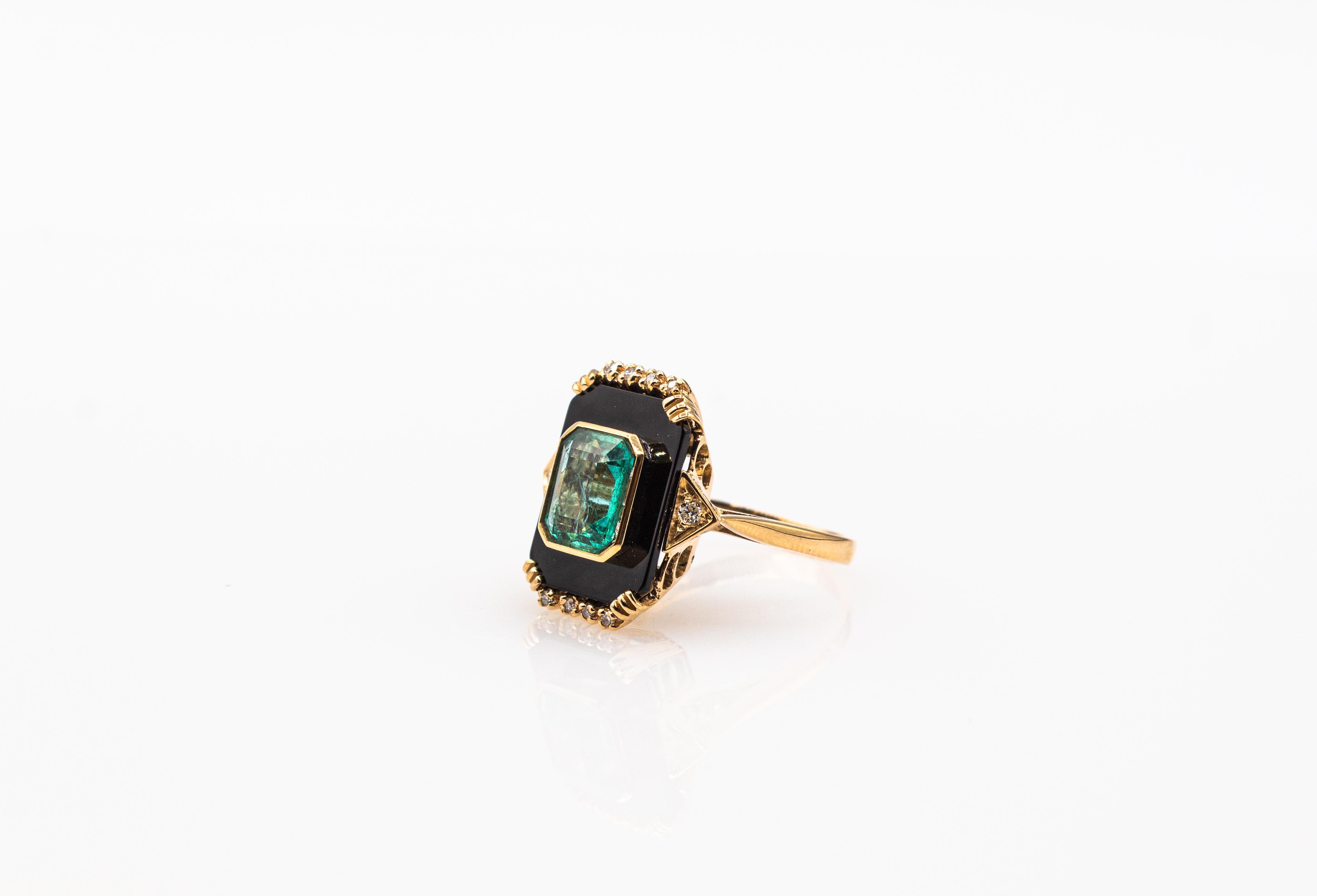 Art Deco Style White Diamond Octagon Cut Emerald Onyx Yellow Gold Cocktail Ring For Sale 11