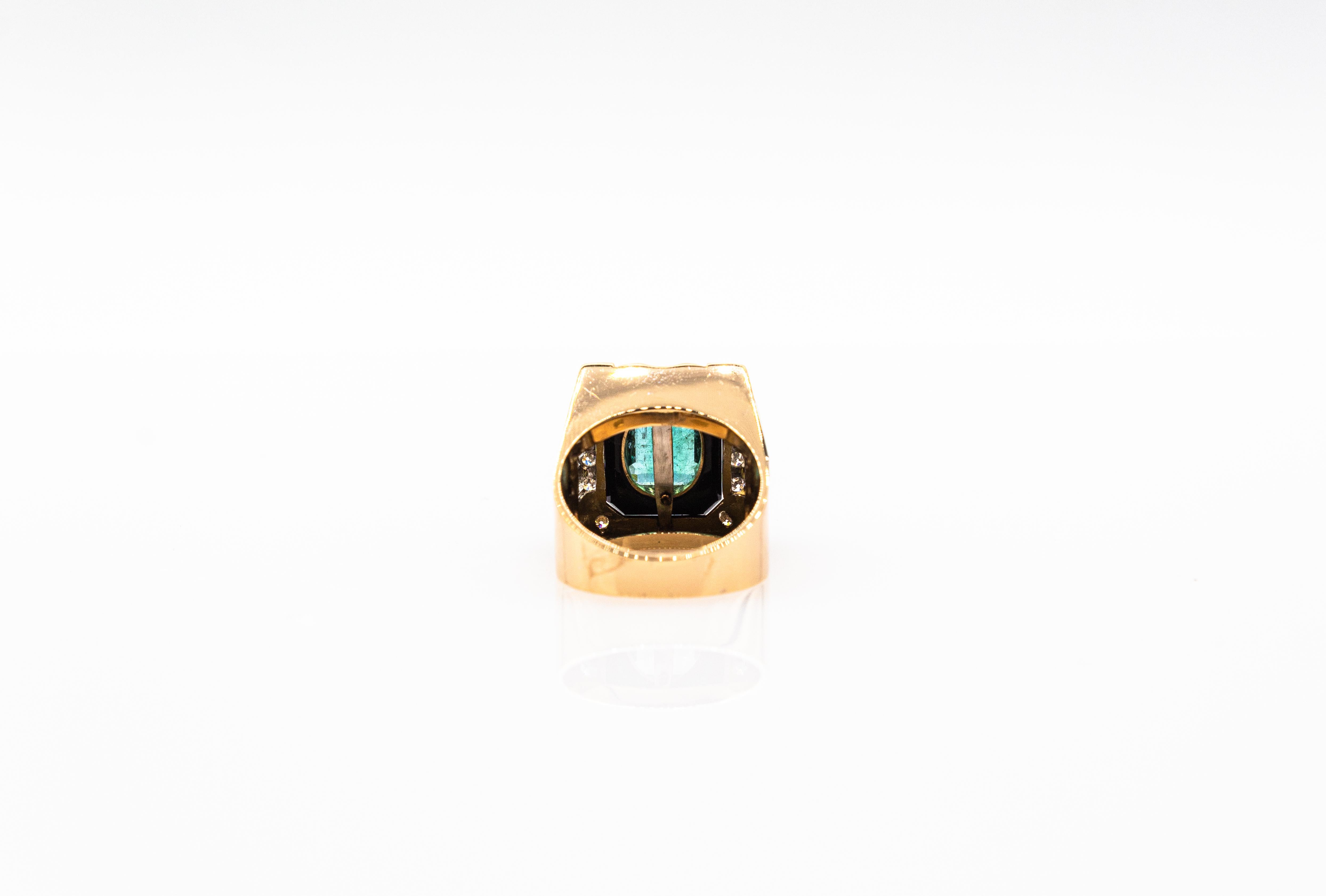 Art Deco Style White Diamond Octagon Cut Emerald Onyx Yellow Gold Cocktail Ring For Sale 11