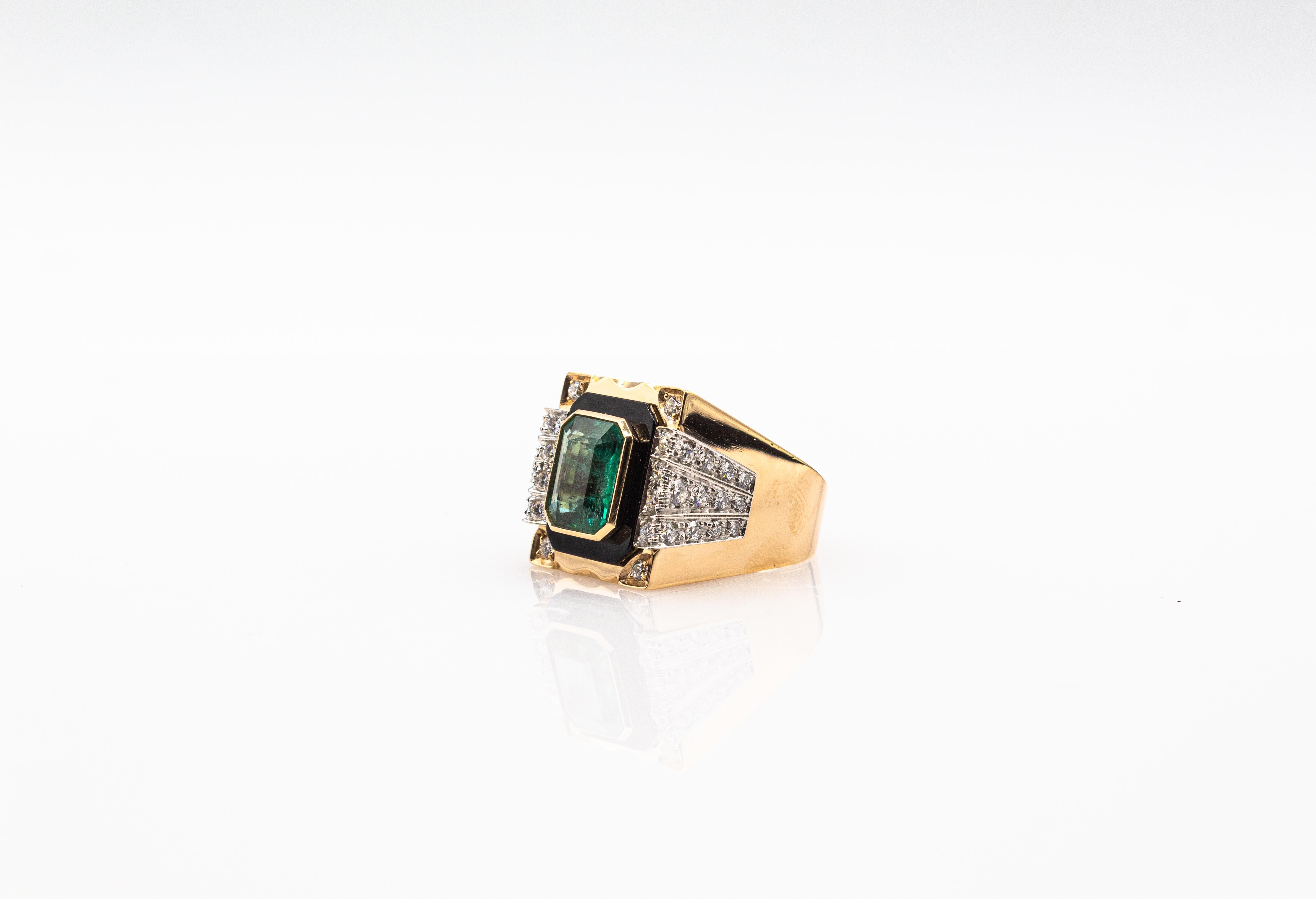 Art Deco Style White Diamond Octagon Cut Emerald Onyx Yellow Gold Cocktail Ring 12
