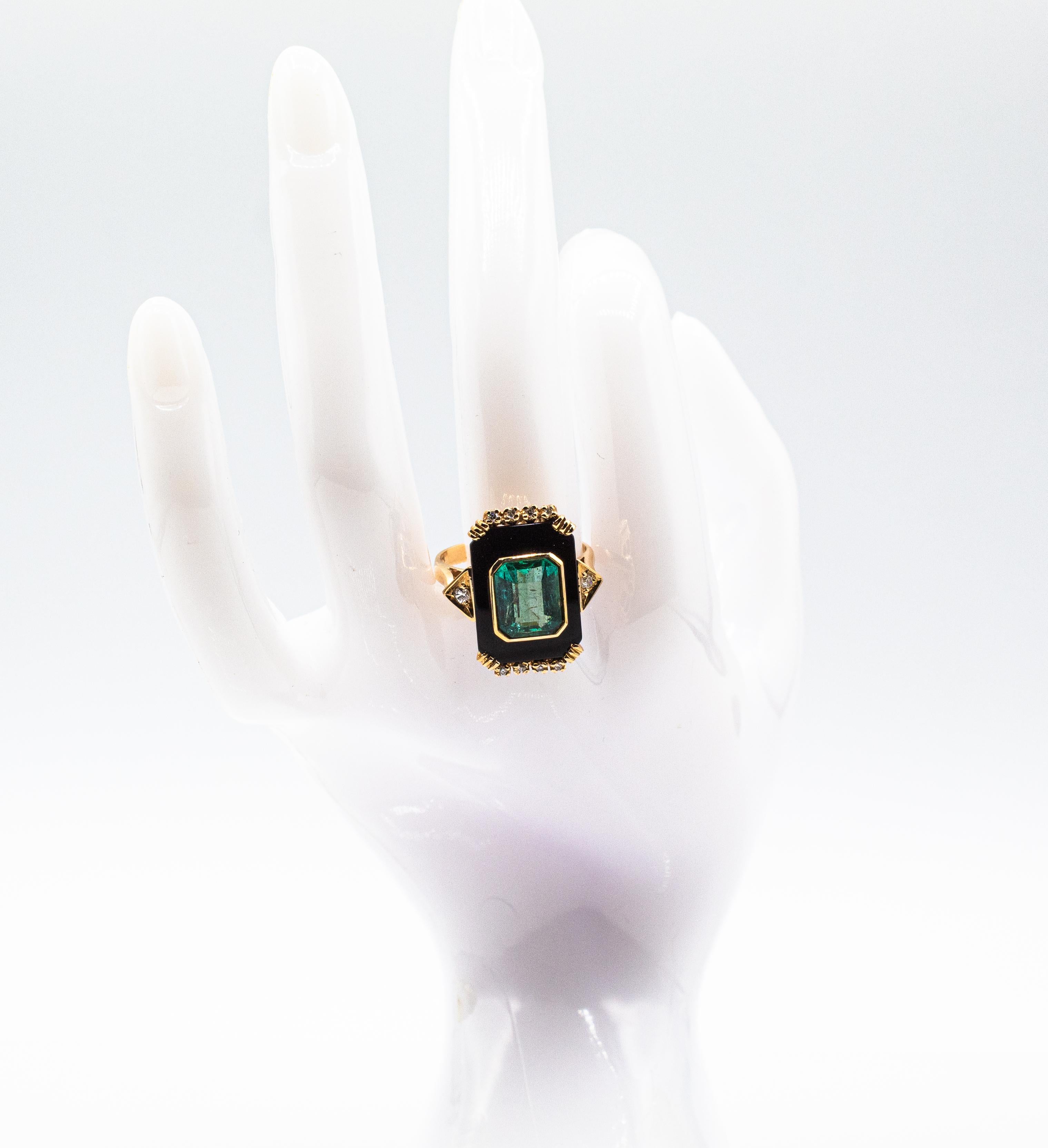 Art Deco Style White Diamond Octagon Cut Emerald Onyx Yellow Gold Cocktail Ring For Sale 12