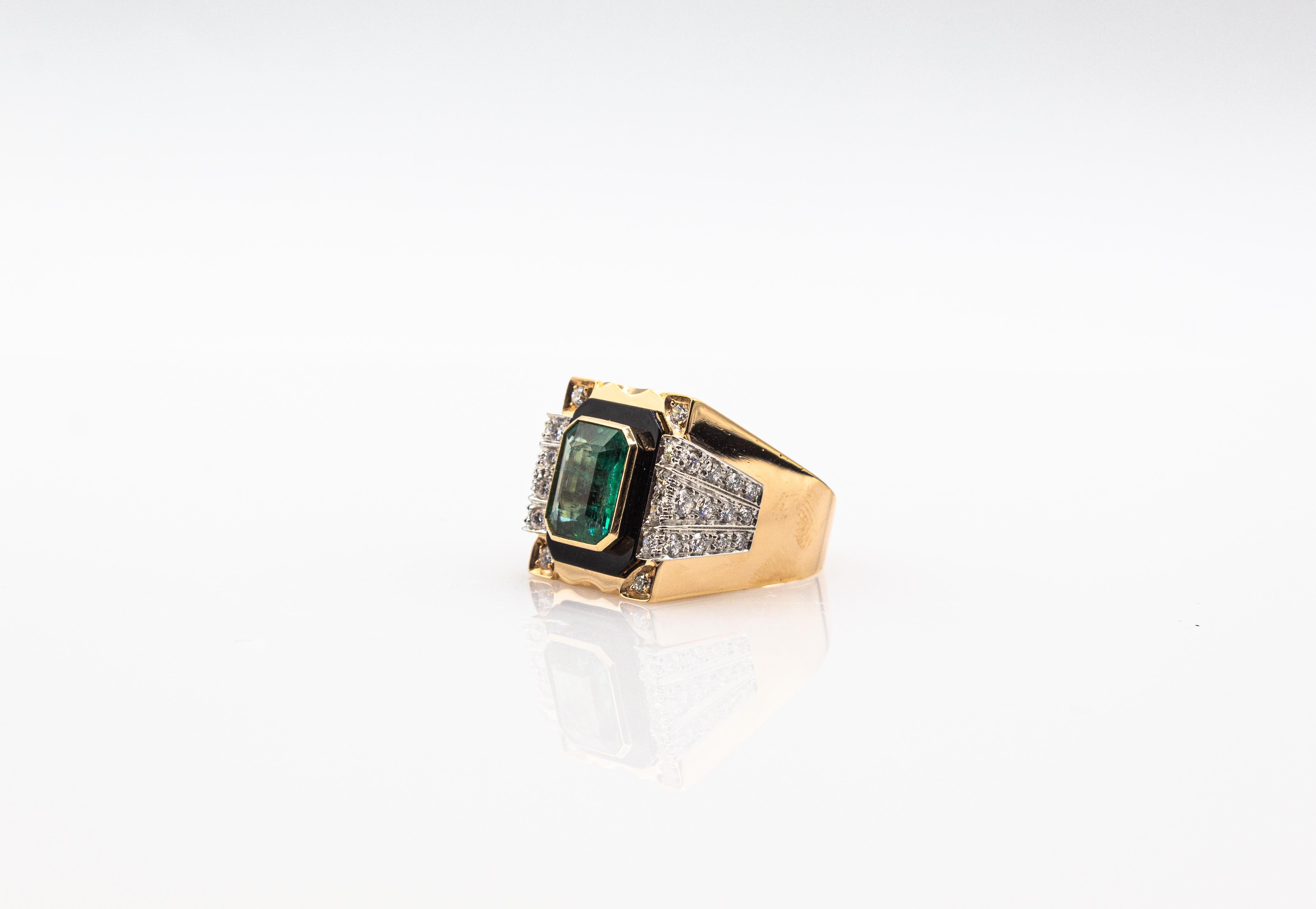 Art Deco Style White Diamond Octagon Cut Emerald Onyx Yellow Gold Cocktail Ring For Sale 13