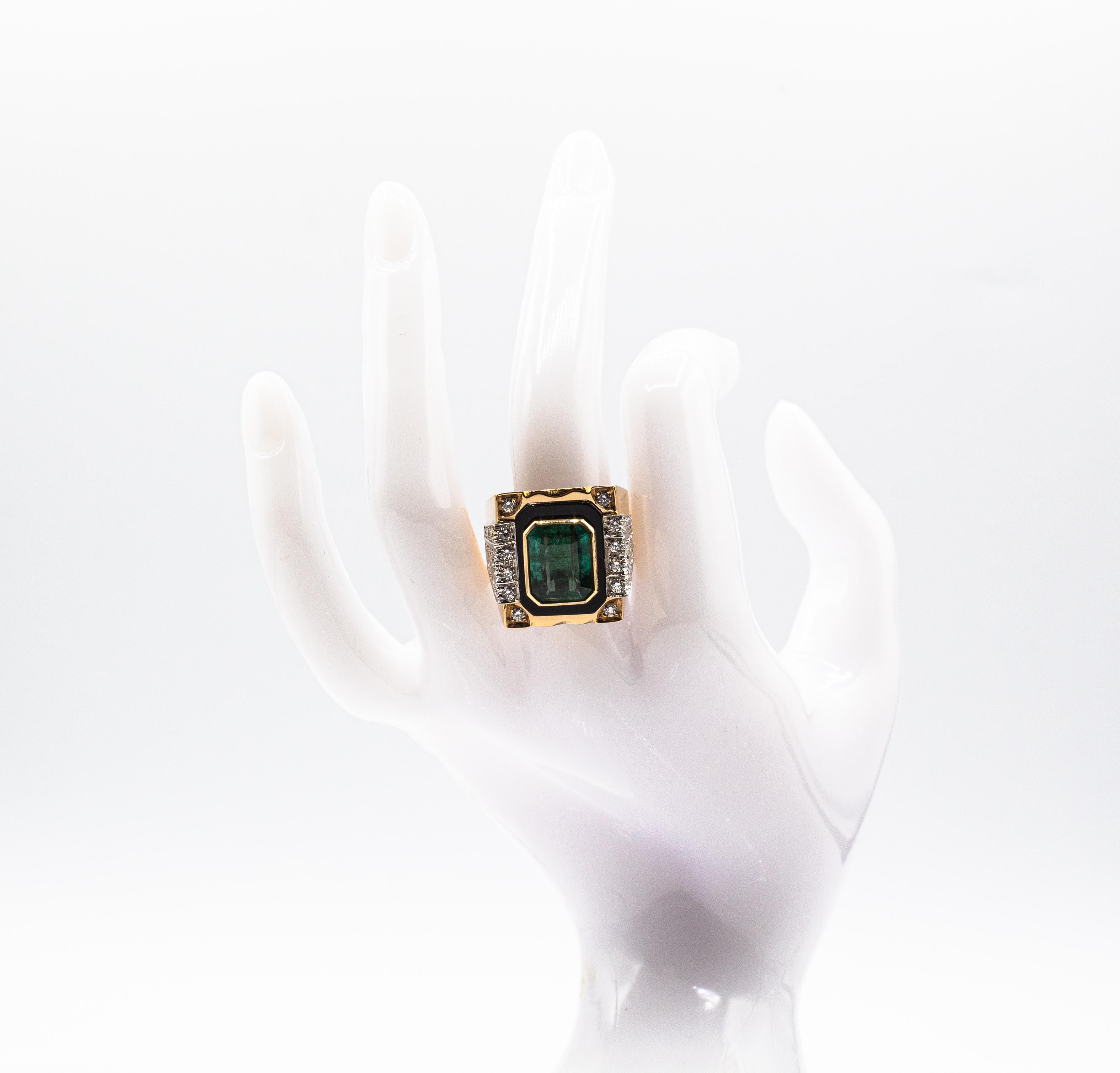 Art Deco Style White Diamond Octagon Cut Emerald Onyx Yellow Gold Cocktail Ring 14