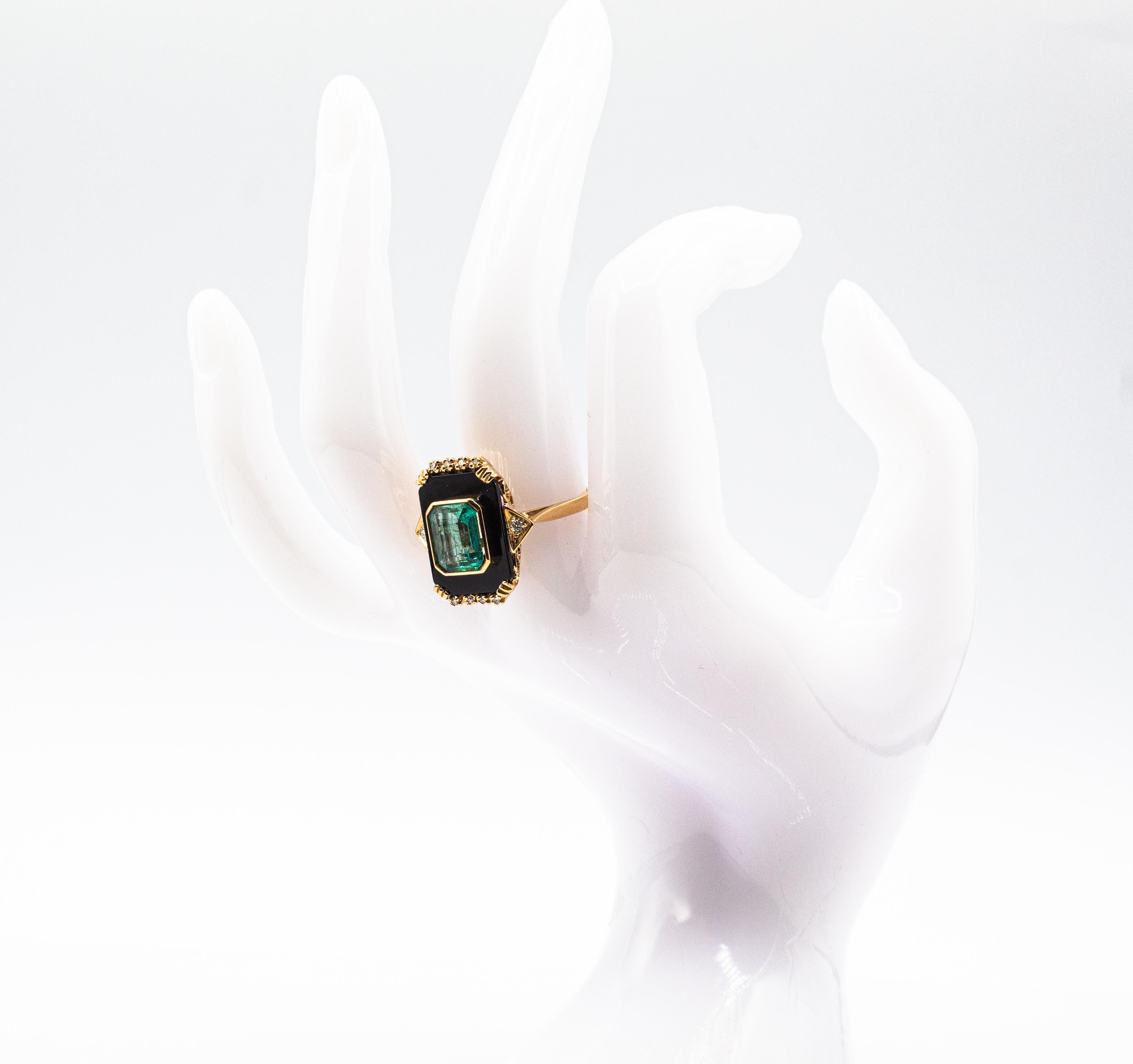 Art Deco Style White Diamond Octagon Cut Emerald Onyx Yellow Gold Cocktail Ring 14