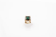Art Deco Style White Diamond Octagon Cut Emerald Onyx Yellow Gold Cocktail Ring
