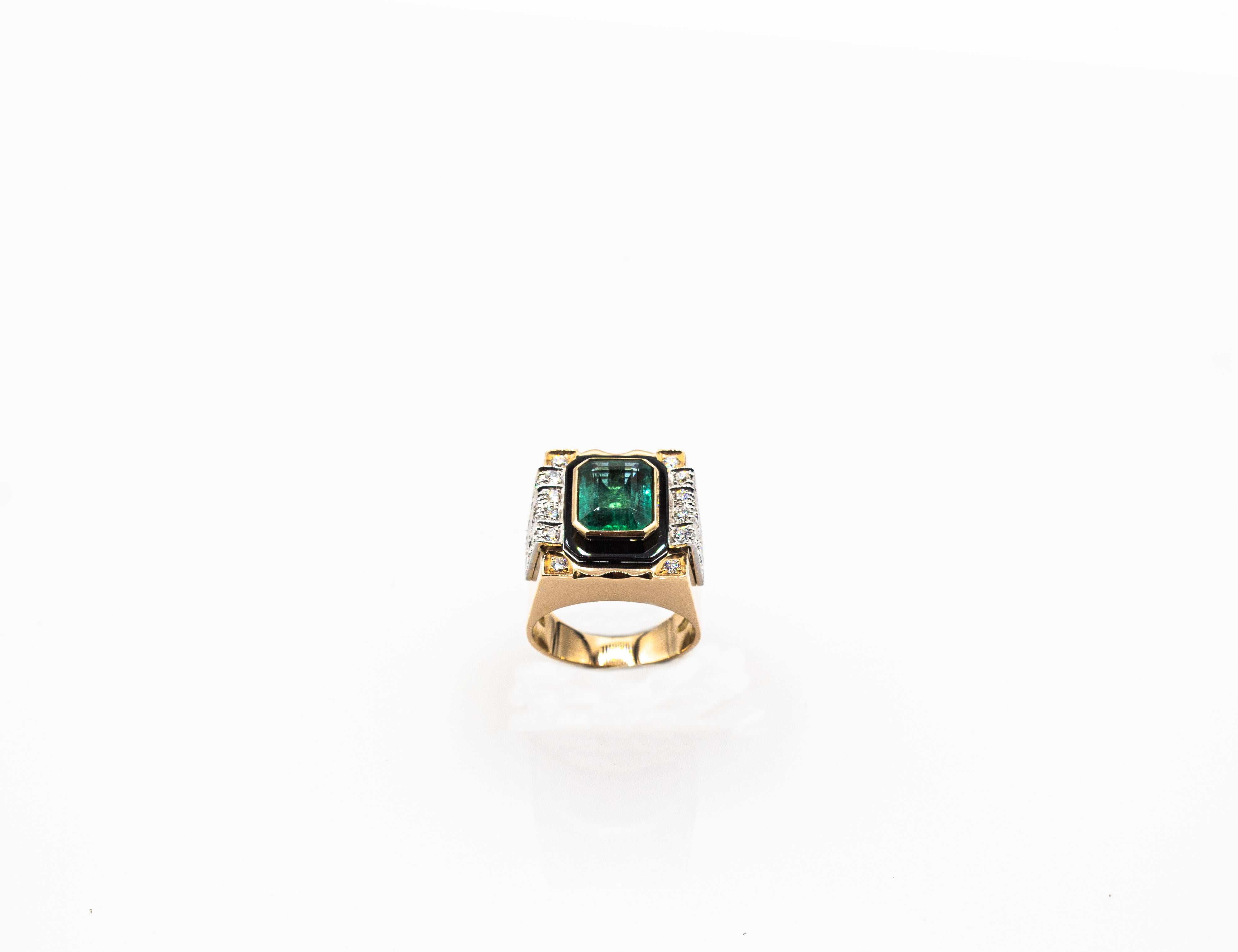 Brilliant Cut Art Deco Style White Diamond Octagon Cut Emerald Onyx Yellow Gold Cocktail Ring