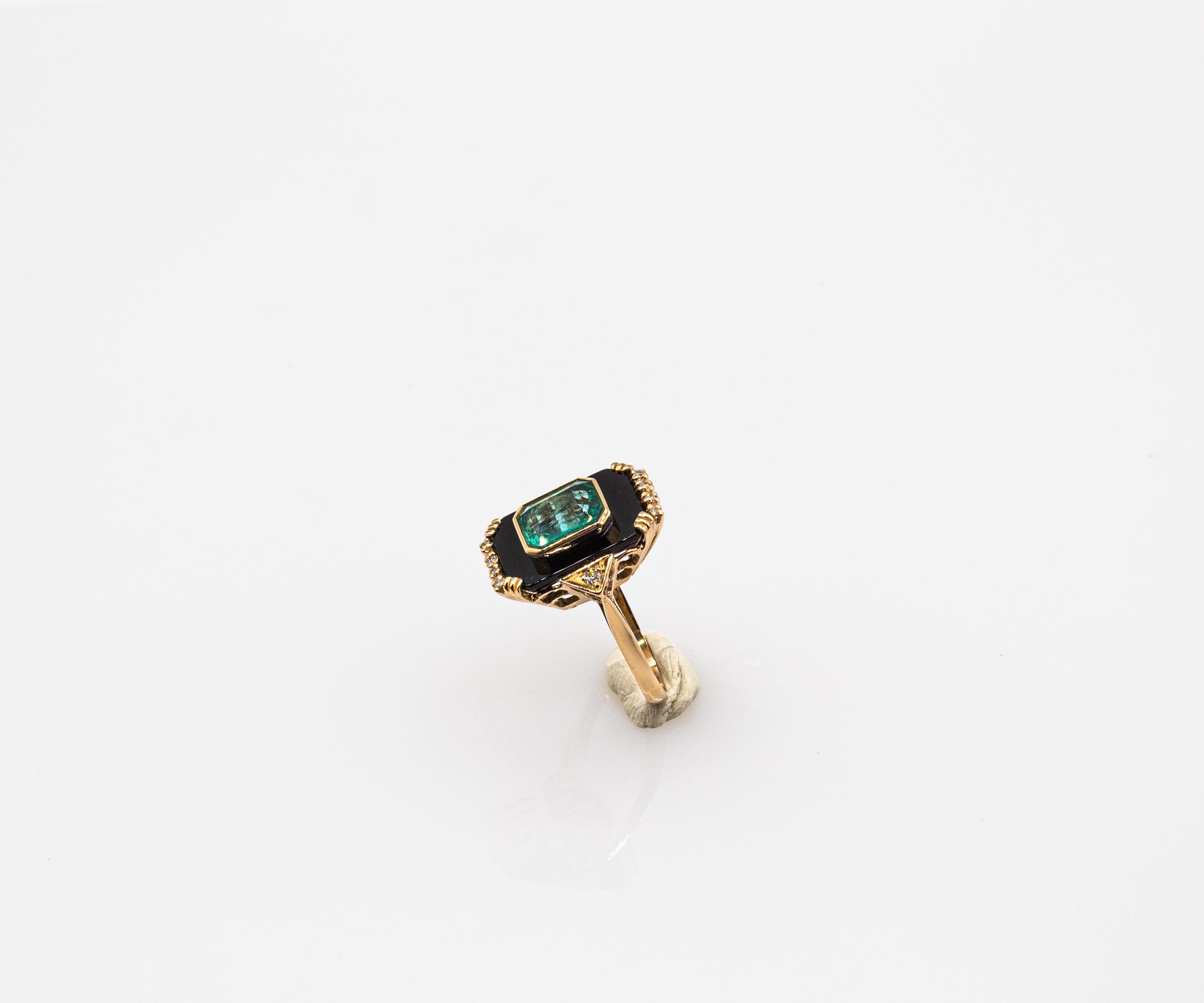 Women's or Men's Art Deco Style White Diamond Octagon Cut Emerald Onyx Yellow Gold Cocktail Ring