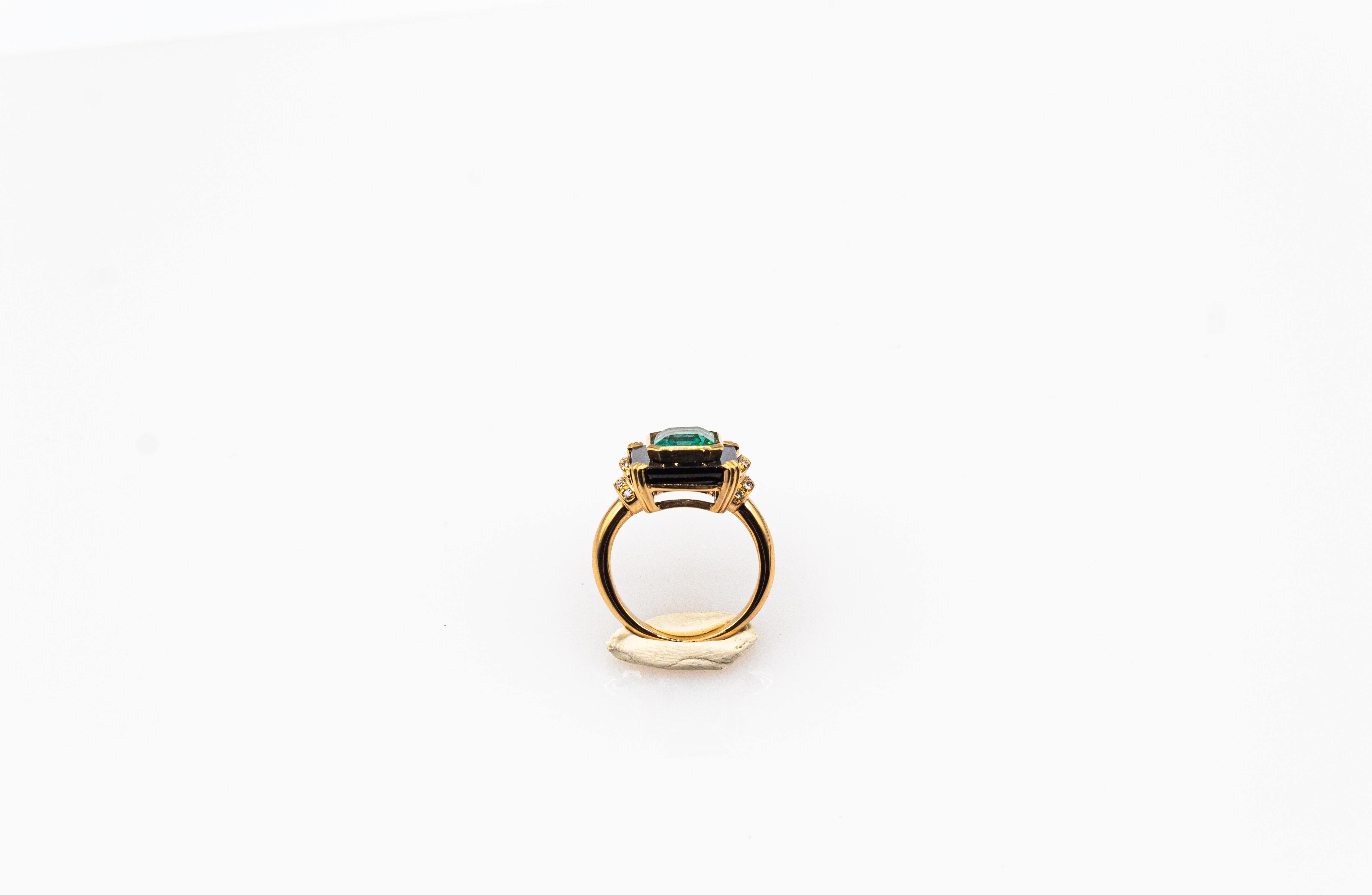 Art Deco Style White Diamond Octagon Cut Emerald Onyx Yellow Gold Cocktail Ring In New Condition For Sale In Naples, IT