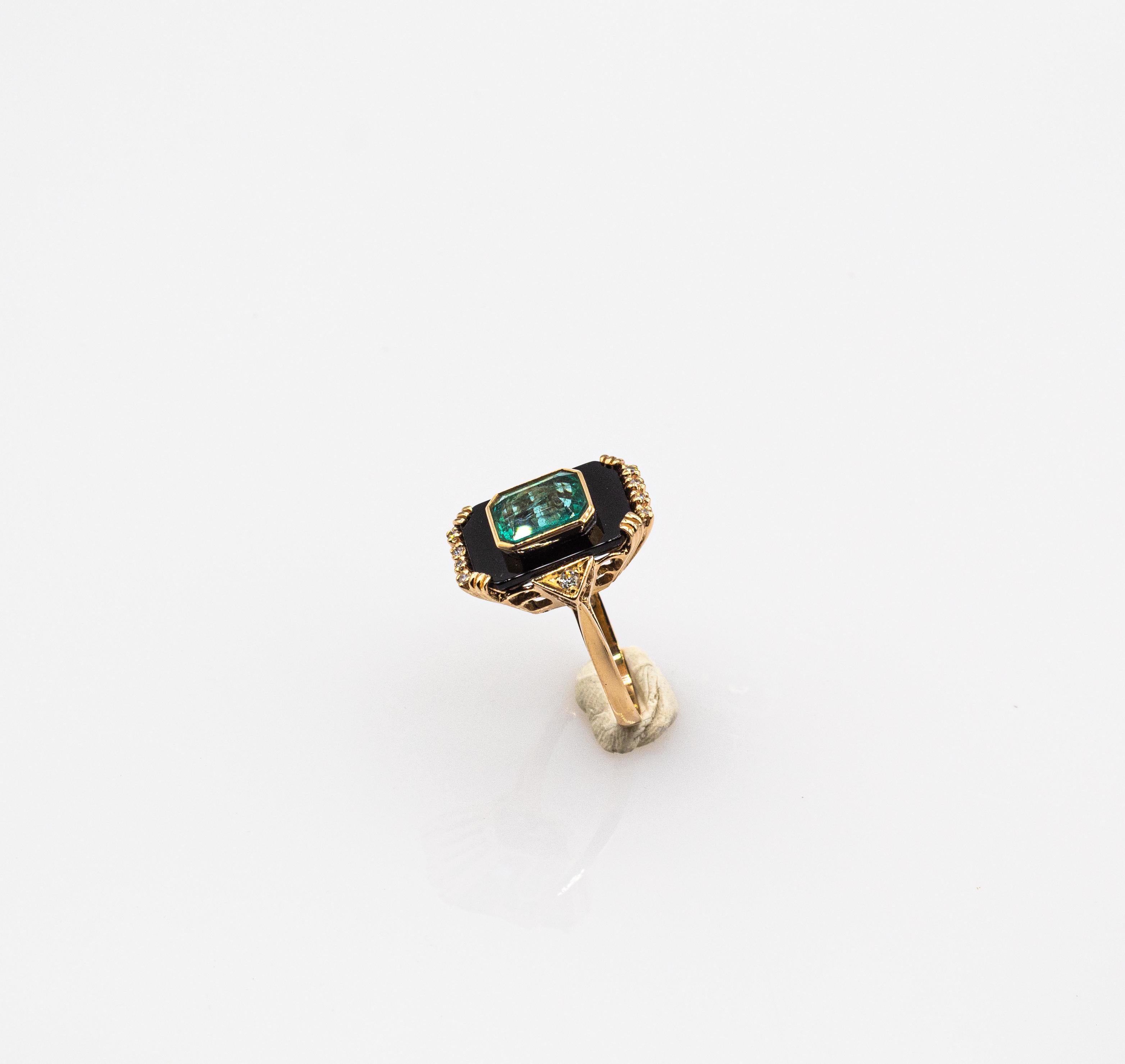 Art Deco Style White Diamond Octagon Cut Emerald Onyx Yellow Gold Cocktail Ring For Sale 1