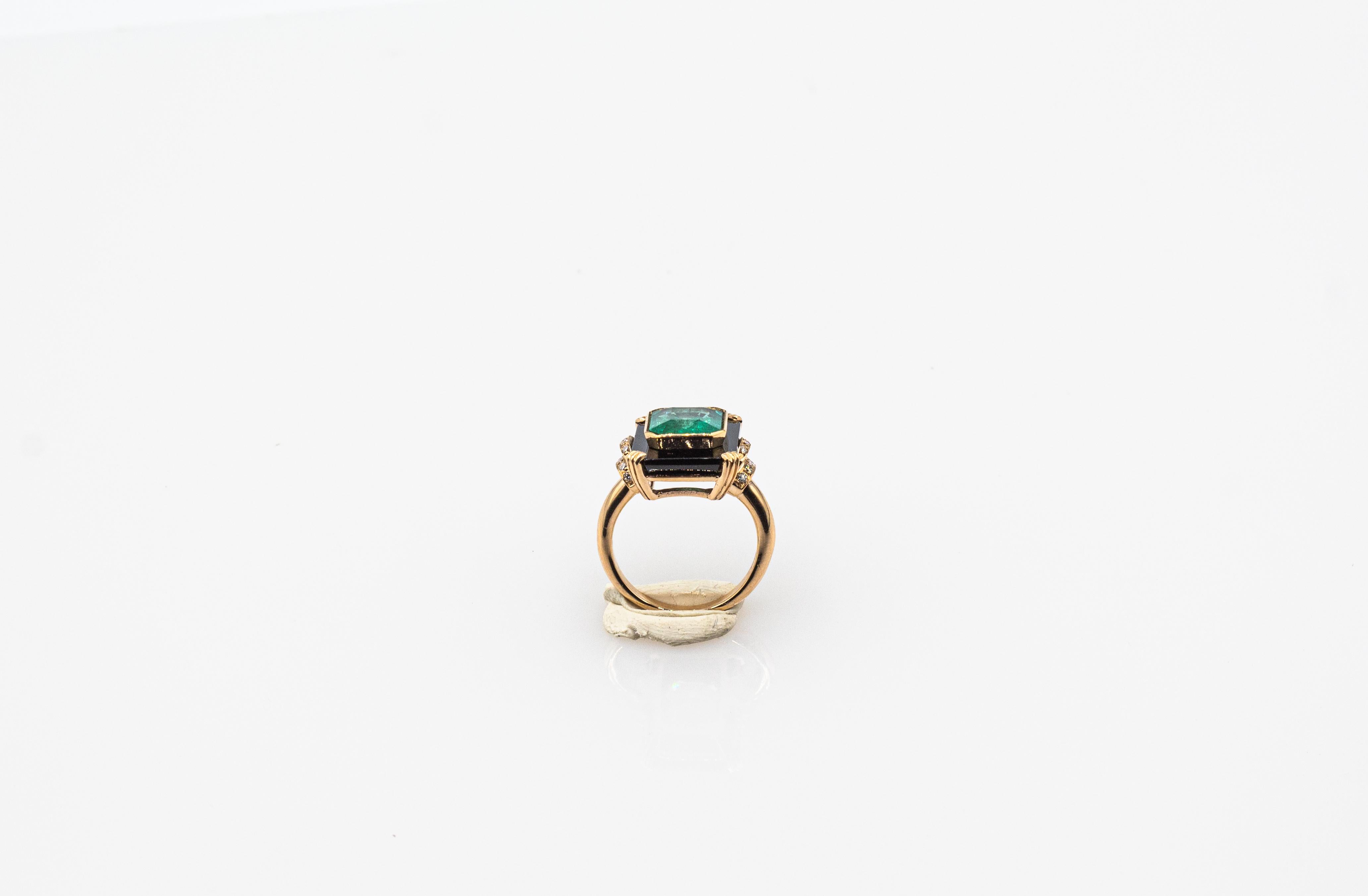 Art Deco Style White Diamond Octagon Cut Emerald Onyx Yellow Gold Cocktail Ring For Sale 1