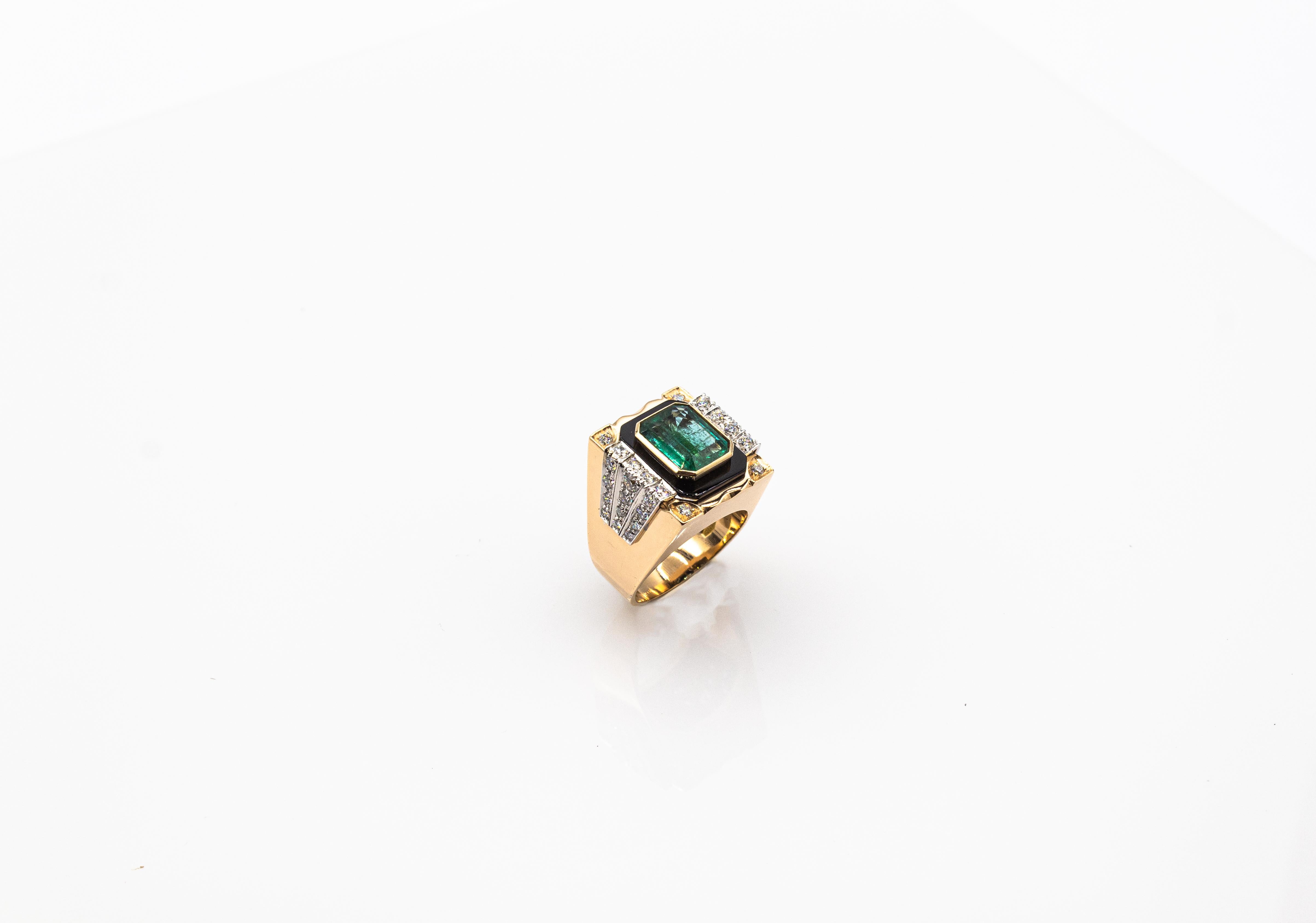 Art Deco Style White Diamond Octagon Cut Emerald Onyx Yellow Gold Cocktail Ring For Sale 1
