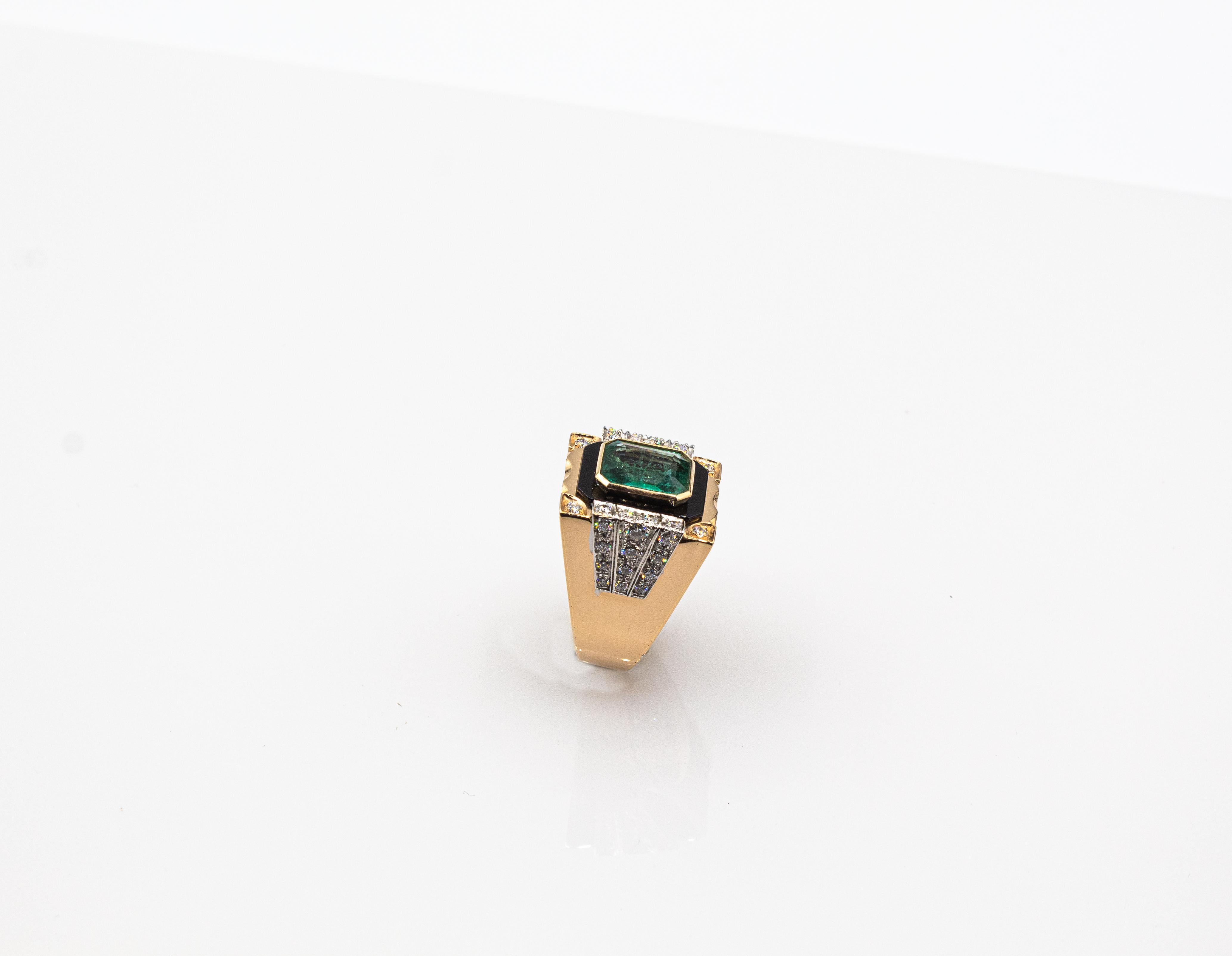 Art Deco Style White Diamond Octagon Cut Emerald Onyx Yellow Gold Cocktail Ring For Sale 2