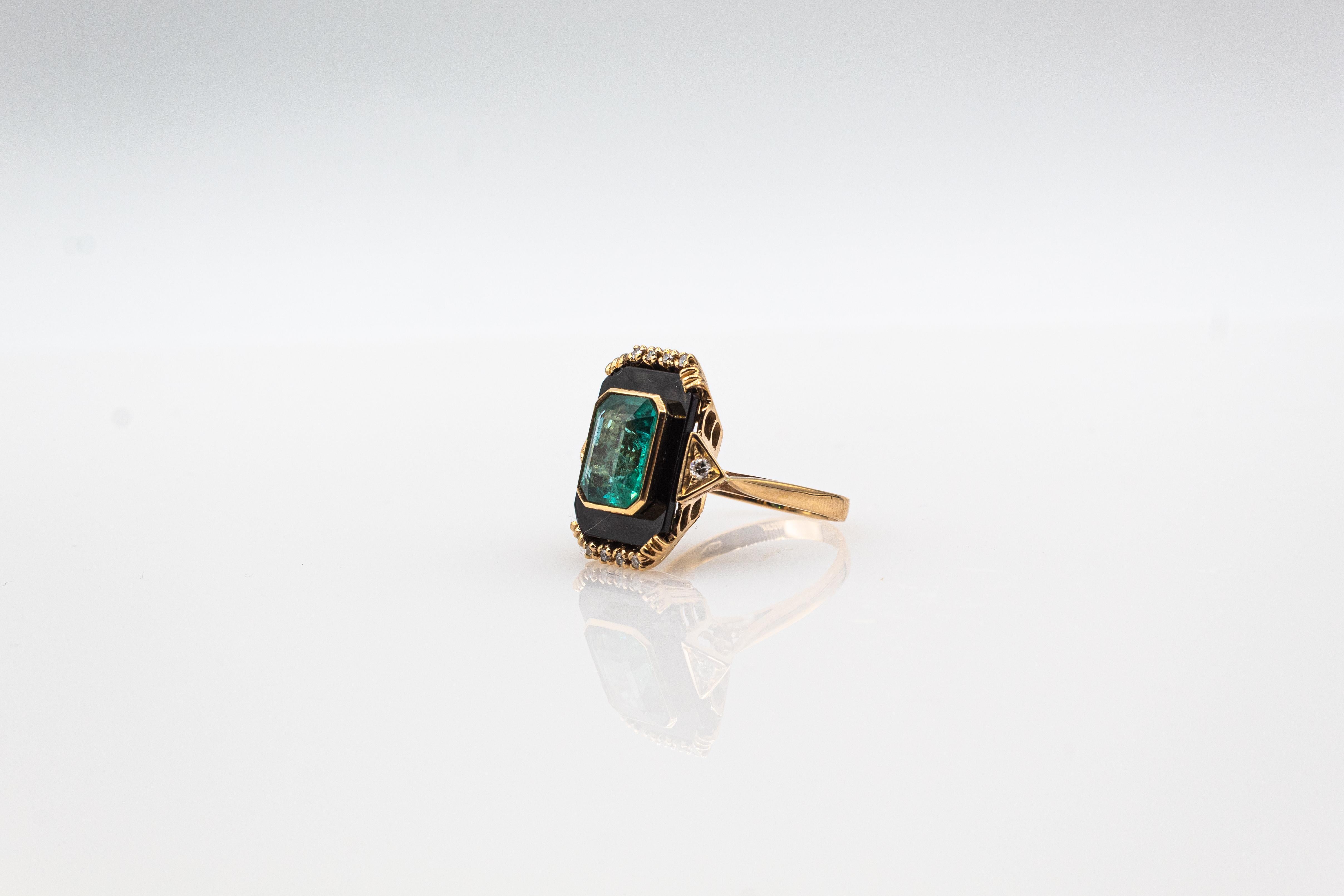 Art Deco Style White Diamond Octagon Cut Emerald Onyx Yellow Gold Cocktail Ring For Sale 3