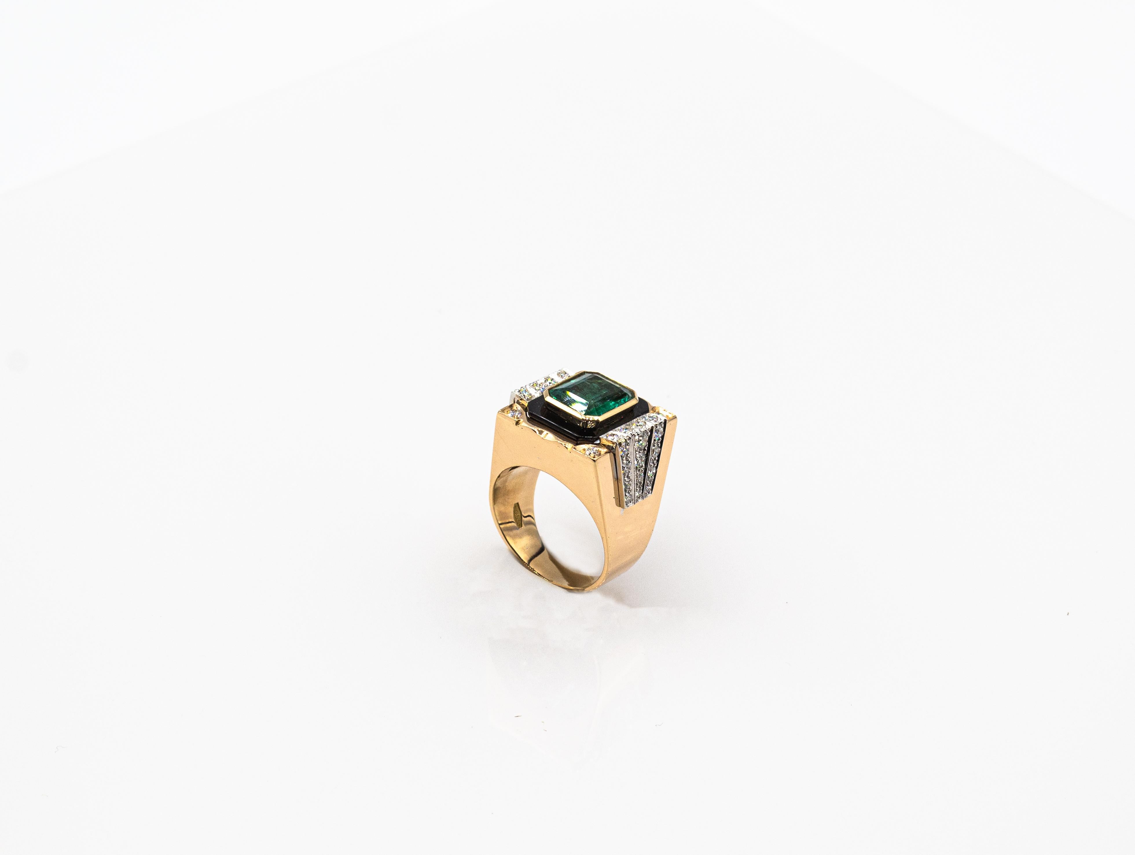 Art Deco Style White Diamond Octagon Cut Emerald Onyx Yellow Gold Cocktail Ring For Sale 3