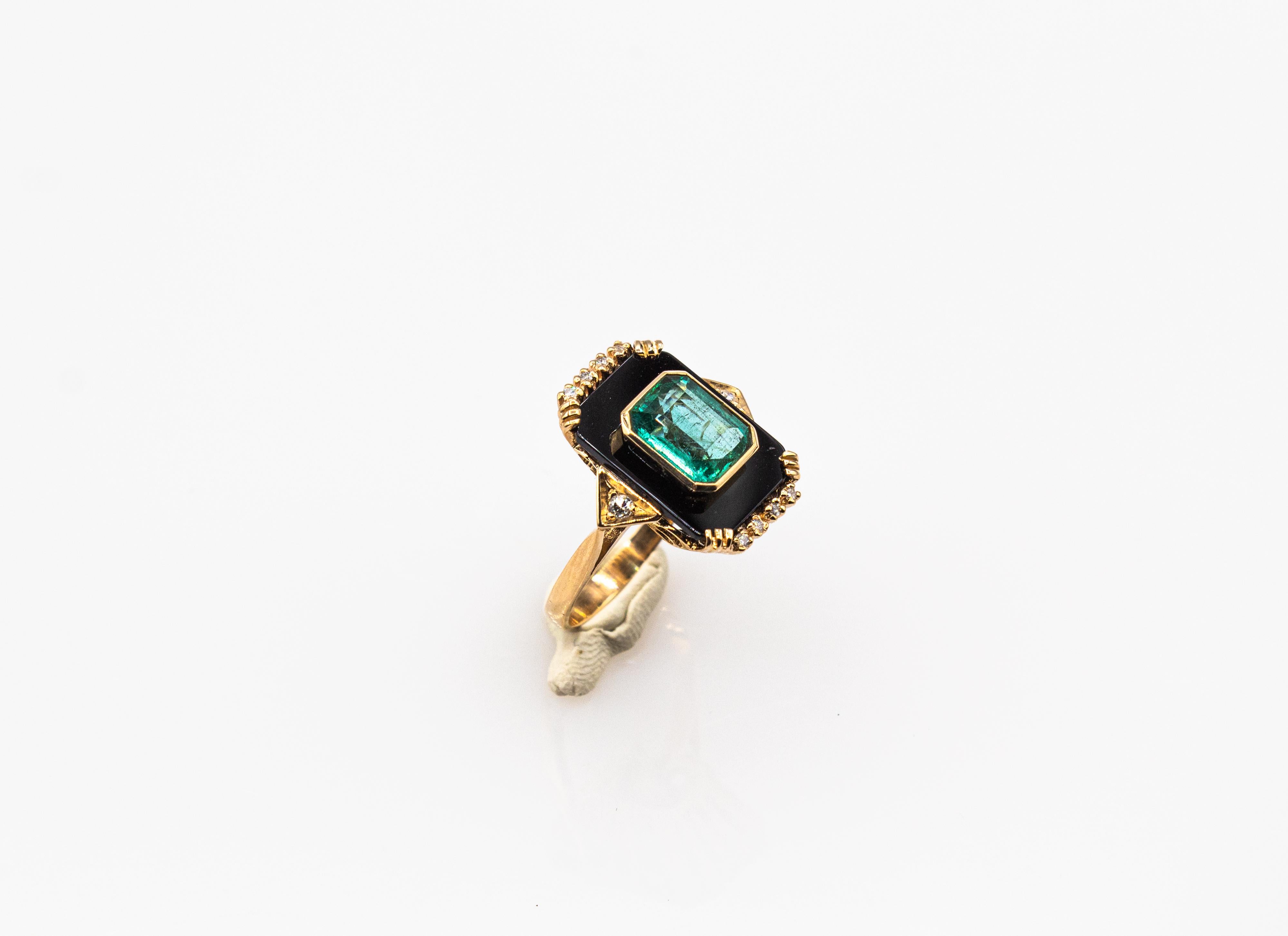 Art Deco Style White Diamond Octagon Cut Emerald Onyx Yellow Gold Cocktail Ring For Sale 4
