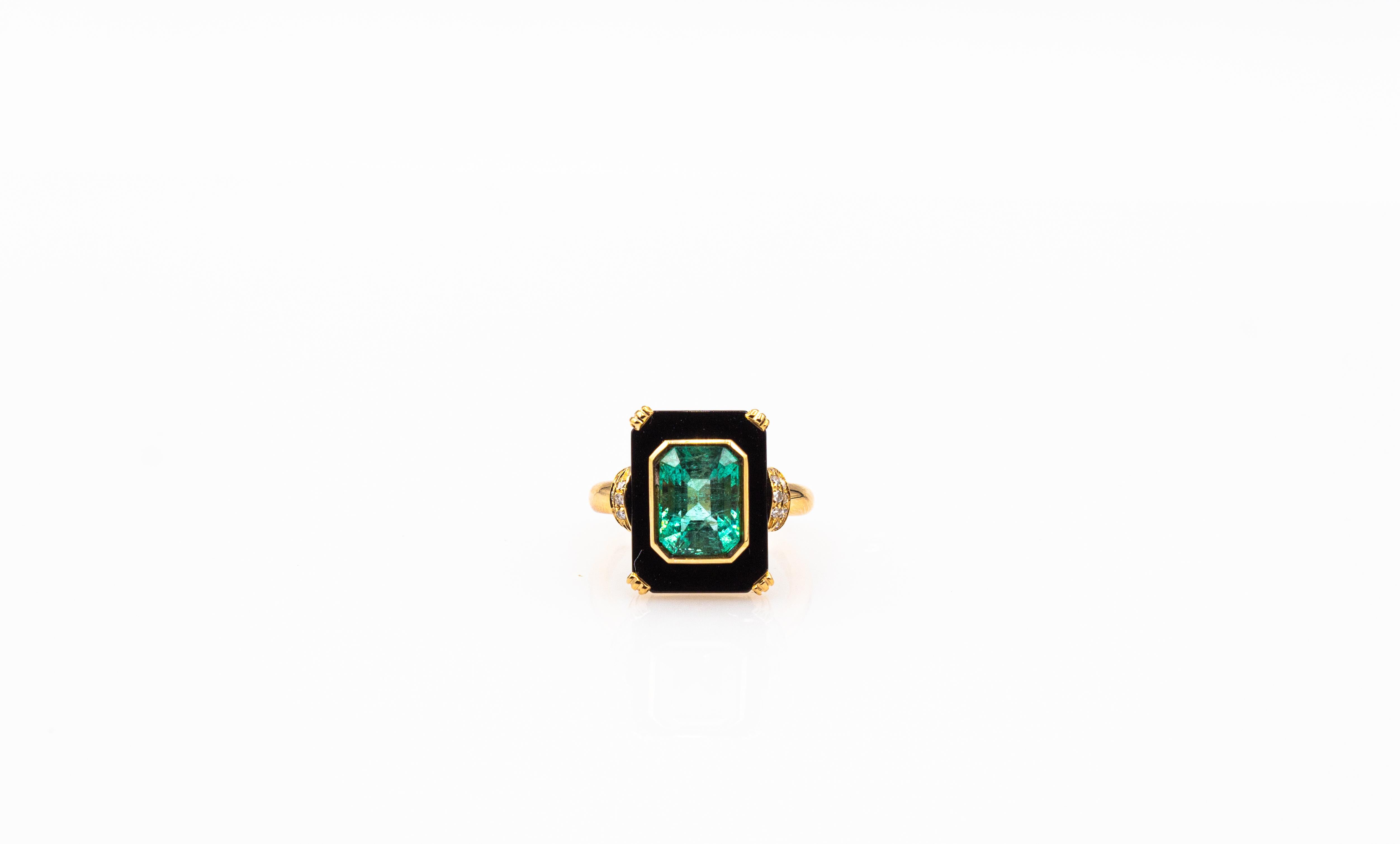 Art Deco Style White Diamond Octagon Cut Emerald Onyx Yellow Gold Cocktail Ring For Sale 2