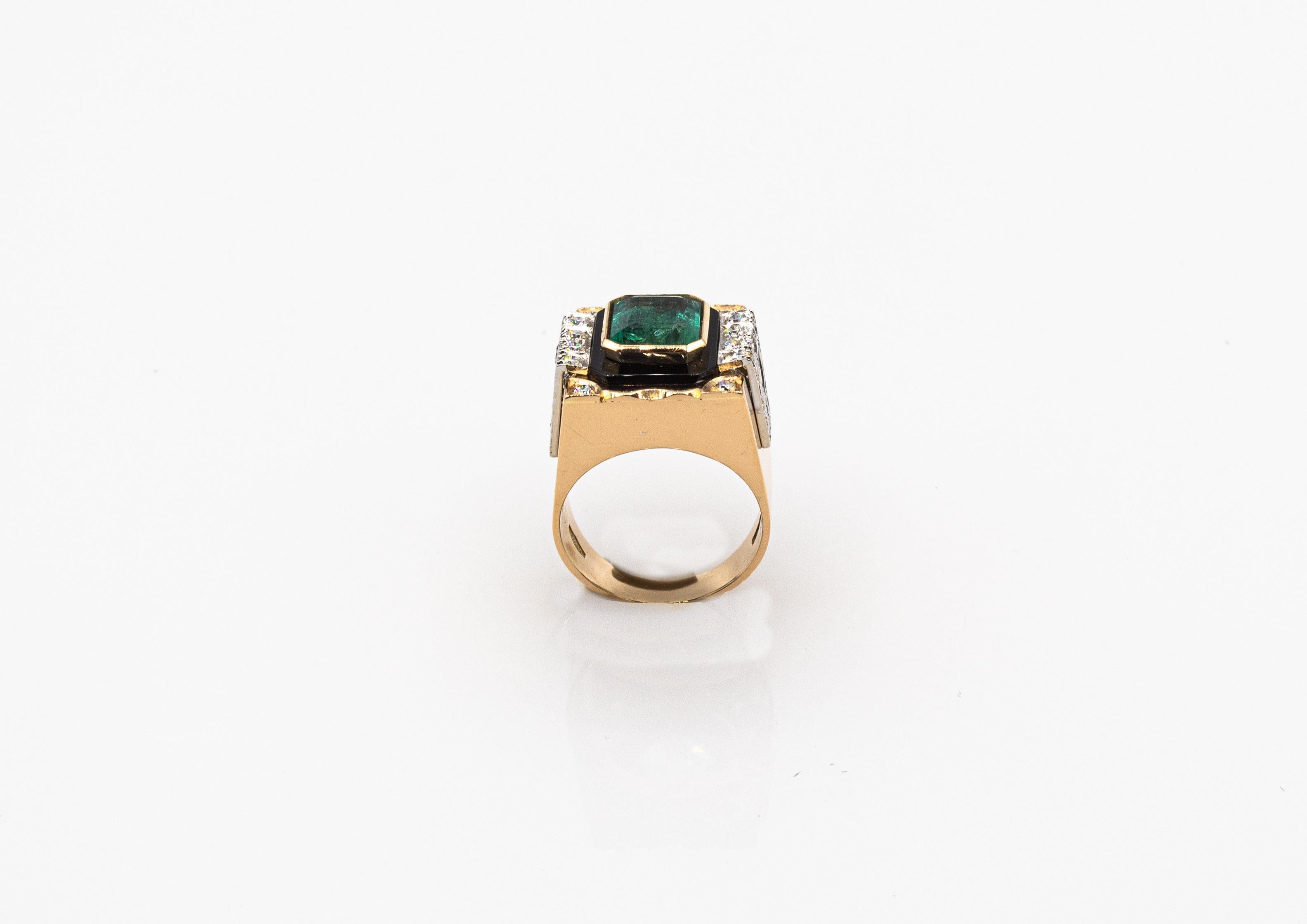 Art Deco Style White Diamond Octagon Cut Emerald Onyx Yellow Gold Cocktail Ring For Sale 4