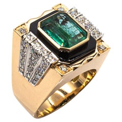 Art Deco Style White Diamond Octagon Cut Emerald Onyx Yellow Gold Cocktail Ring