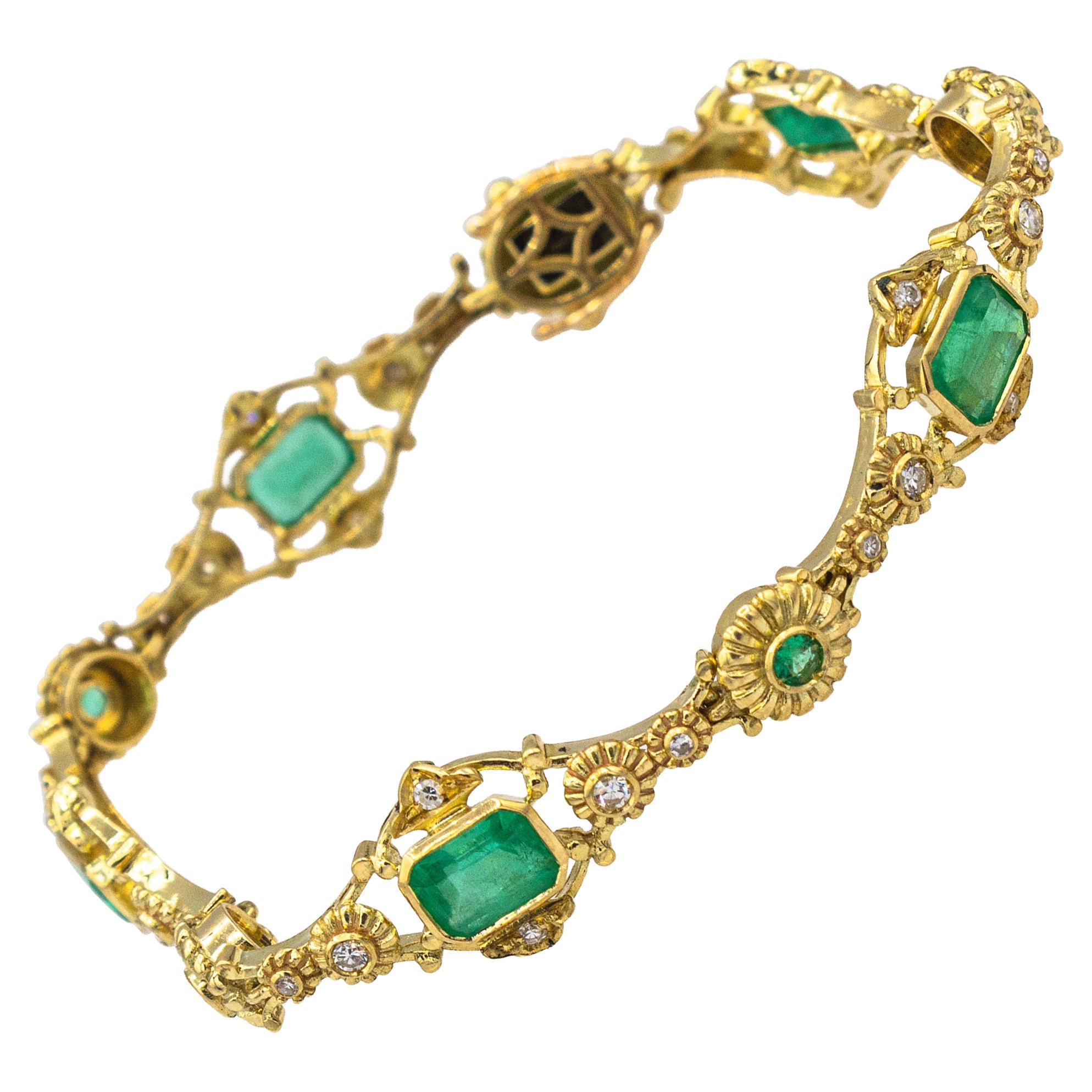 Art Deco Style White Diamond Octagon Cut Emerald Yellow Gold Bracelet