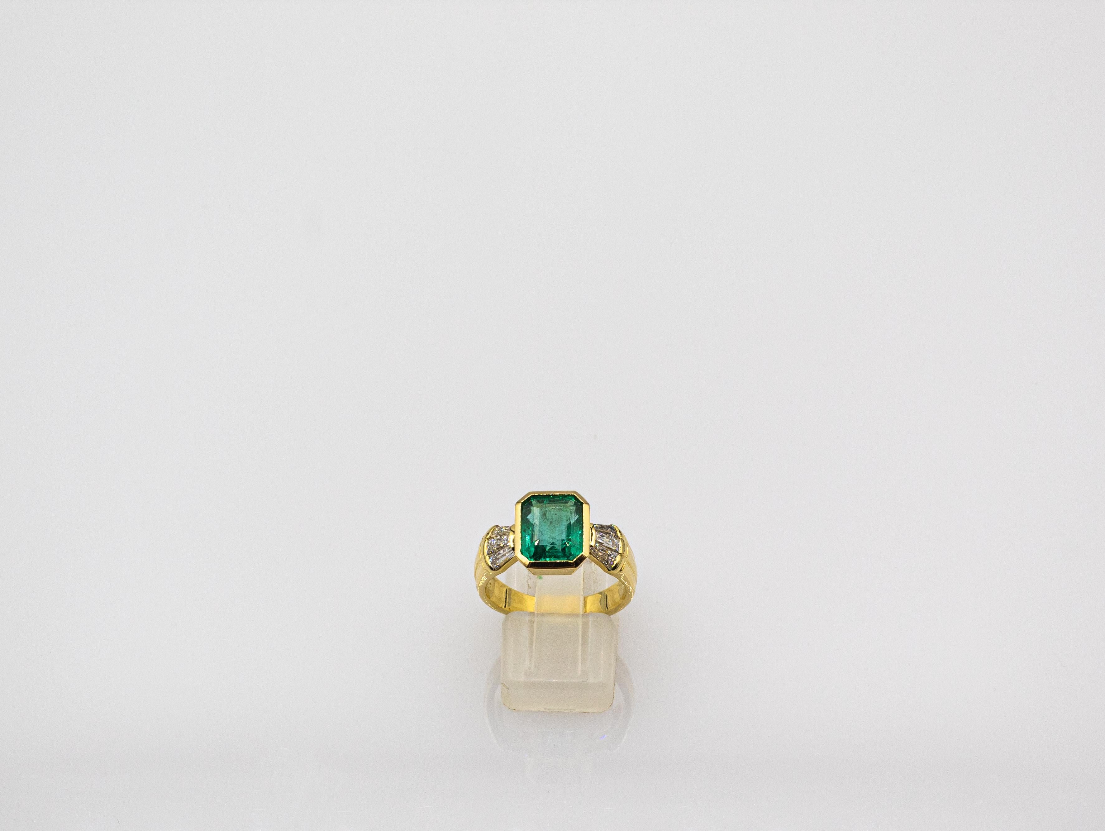 Baguette Cut Art Deco Style White Diamond Octagon Cut Emerald Yellow Gold Cocktail Ring