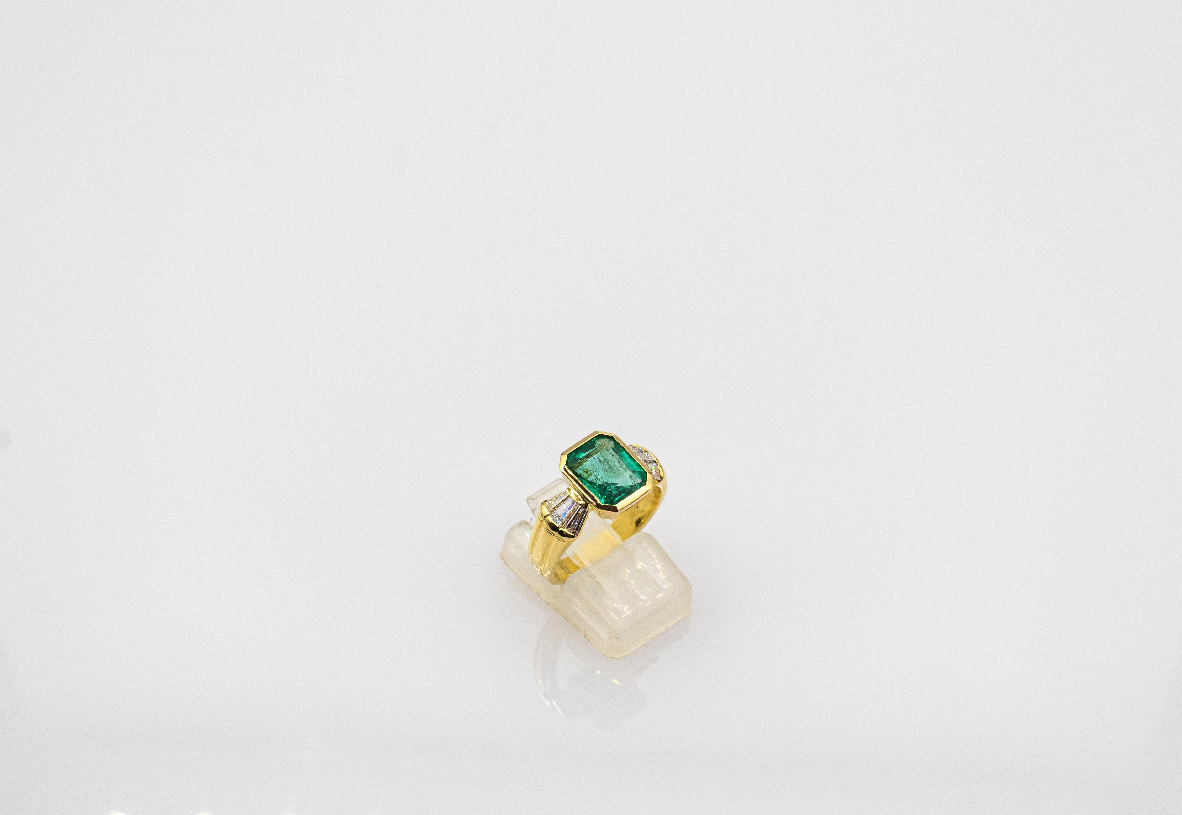 Baguette Cut Art Deco Style White Diamond Octagon Cut Emerald Yellow Gold Cocktail Ring For Sale
