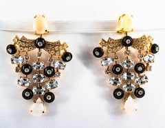 Art Deco Style White Diamond Opal Aquamarine Yellow Gold Clip-On Earrings