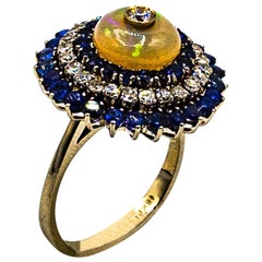 Art Deco Style White Diamond Opal Blue Sapphire White Gold Cocktail Ring