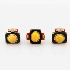 Art Deco Style White Diamond Opal Onyx Red Coral Yellow Gold Cocktail Ring