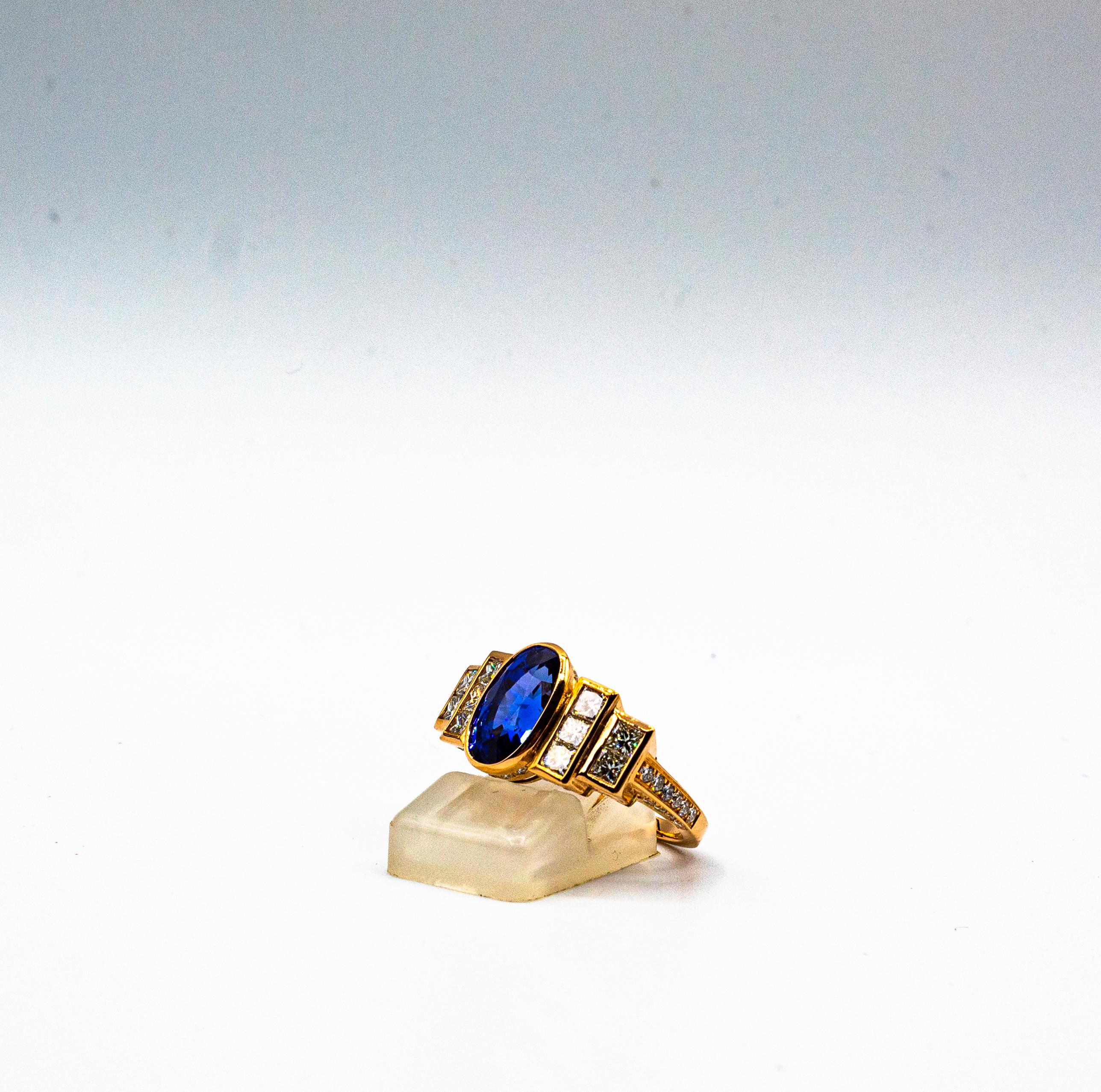 Art Deco Style White Diamond Oval Cut Blue Sapphire Yellow Gold Cocktail Ring 5