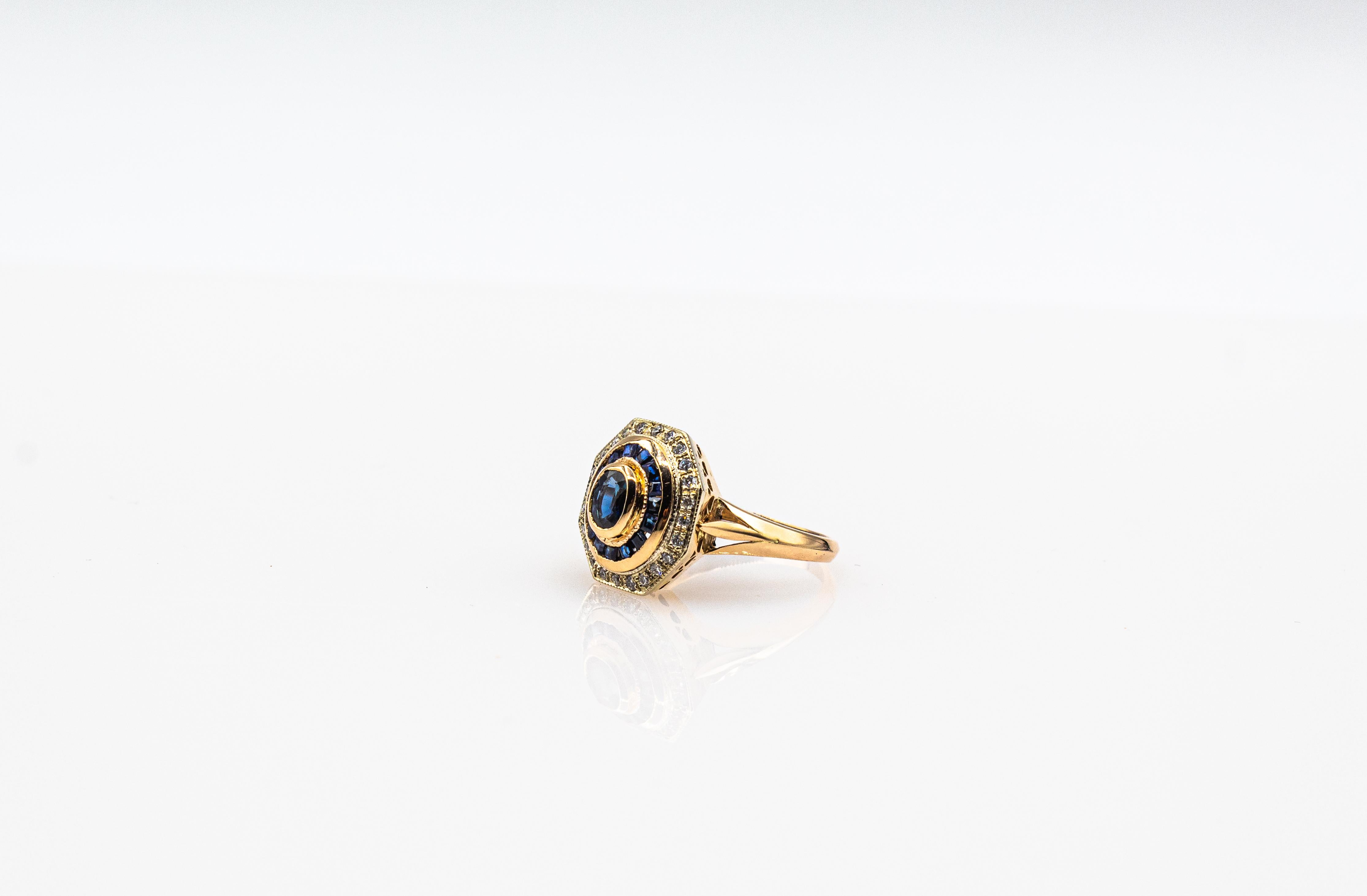 Art Deco Style White Diamond Oval Cut Blue Sapphire Yellow Gold Cocktail Ring For Sale 5