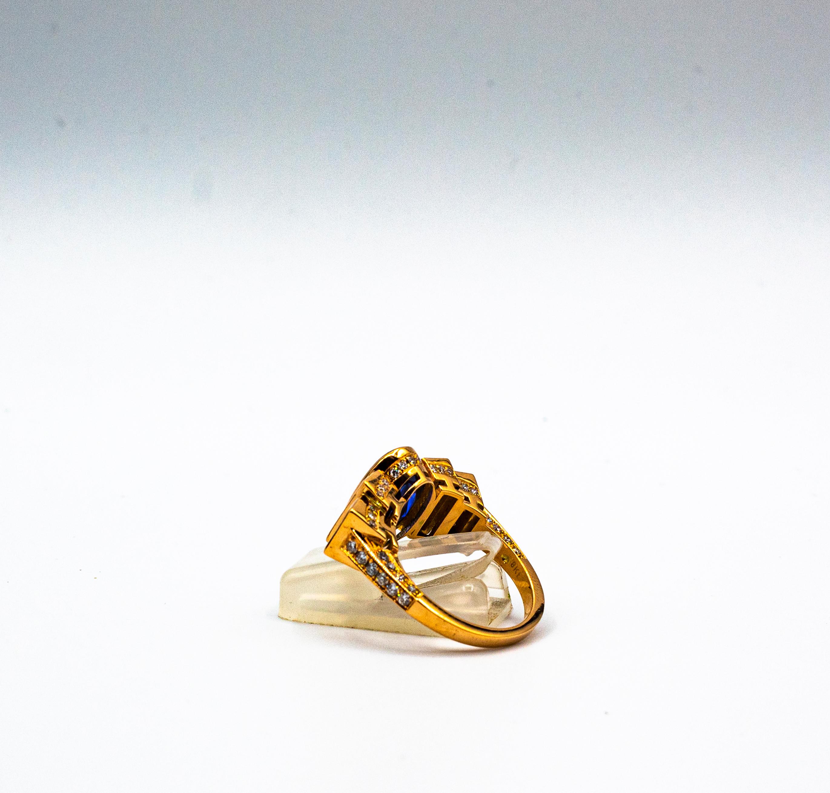 Gelbgold-Cocktailring im Art déco-Stil mit weißem Diamanten im Ovalschliff und blauem Saphir im Angebot 6