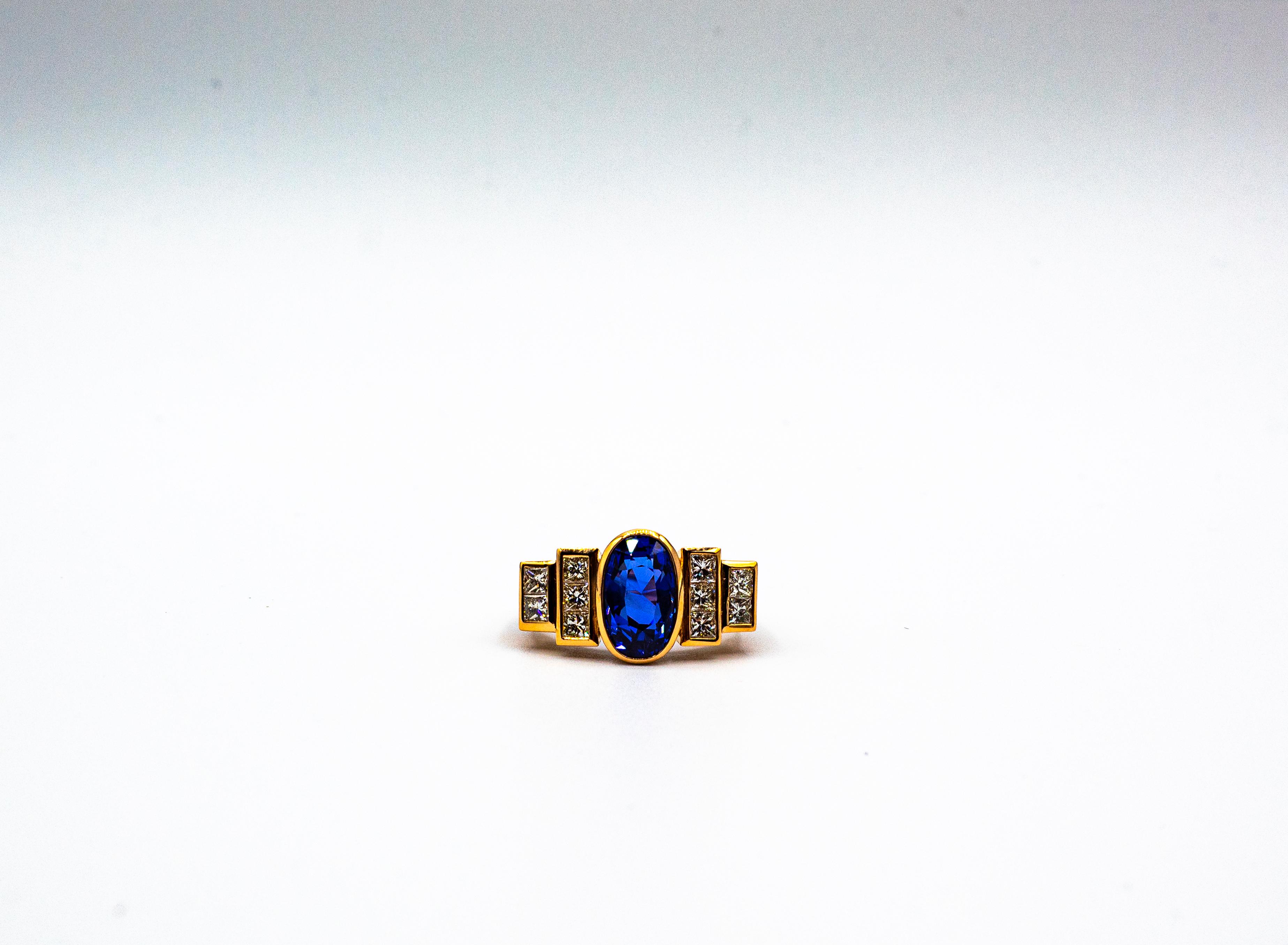 Art Deco Style White Diamond Oval Cut Blue Sapphire Yellow Gold Cocktail Ring 7