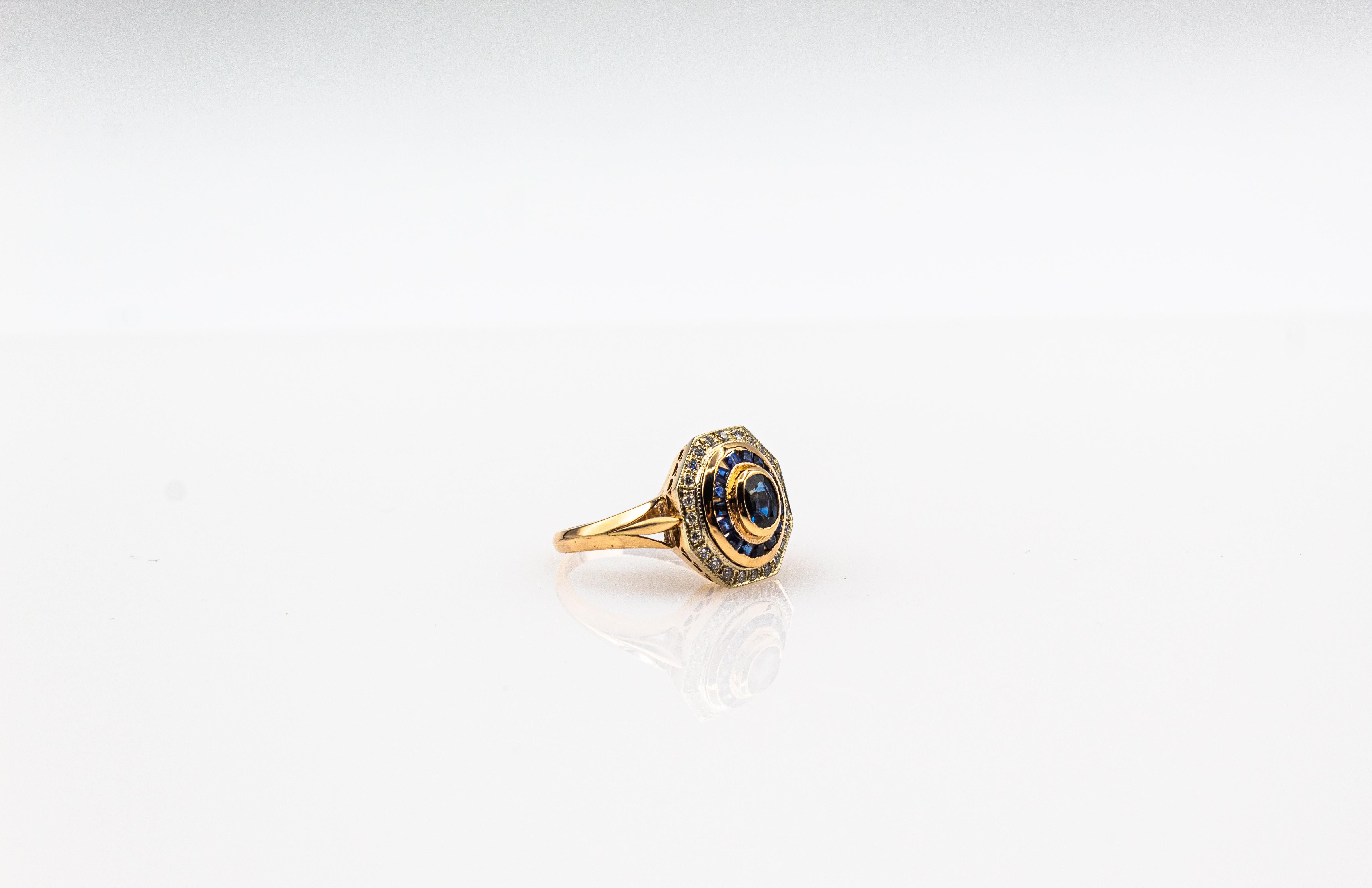 Bague cocktail de style Art déco en or jaune avec diamants blancs et saphirs bleus taille ovale en vente 8