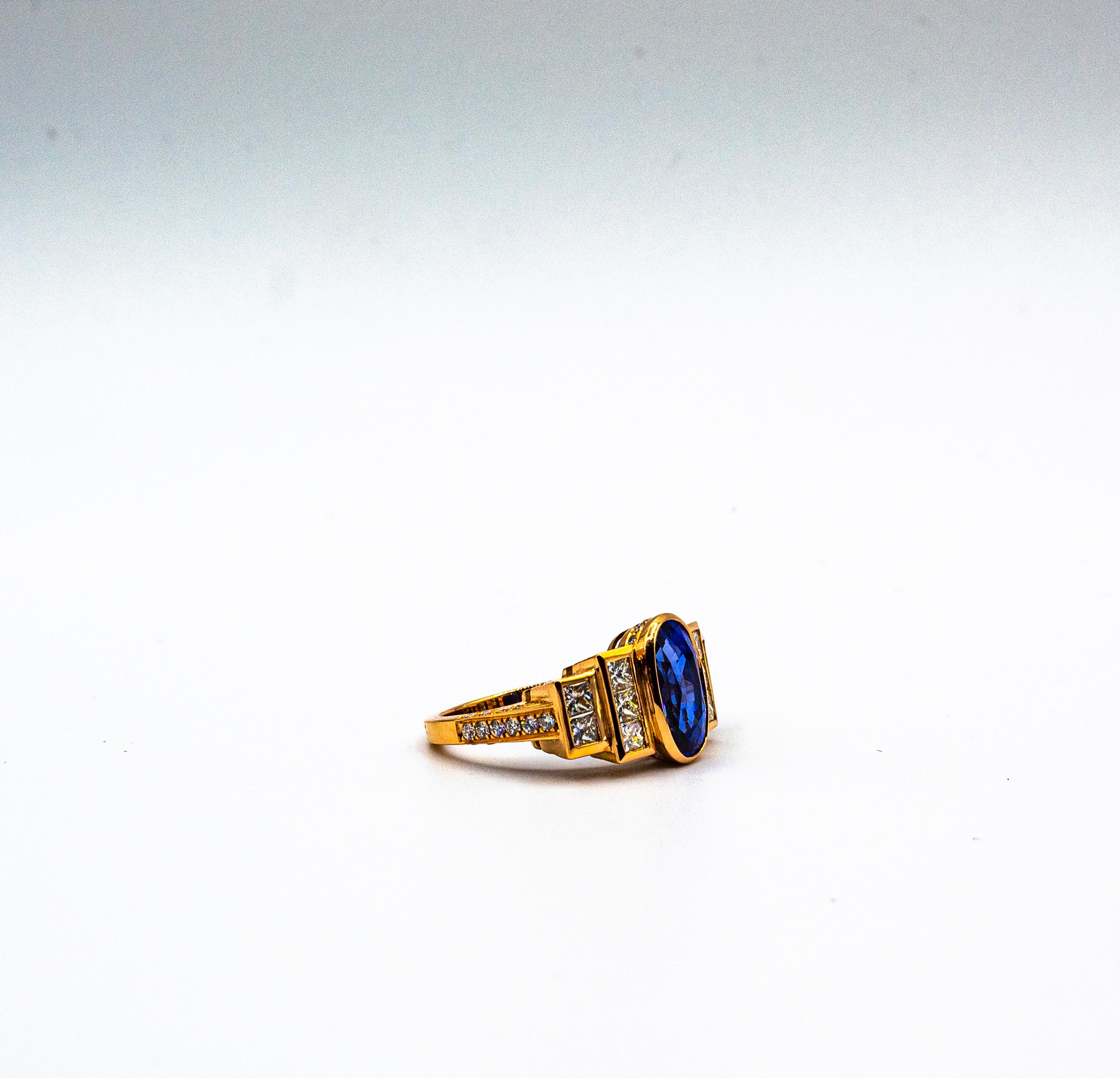Art Deco Style White Diamond Oval Cut Blue Sapphire Yellow Gold Cocktail Ring 10