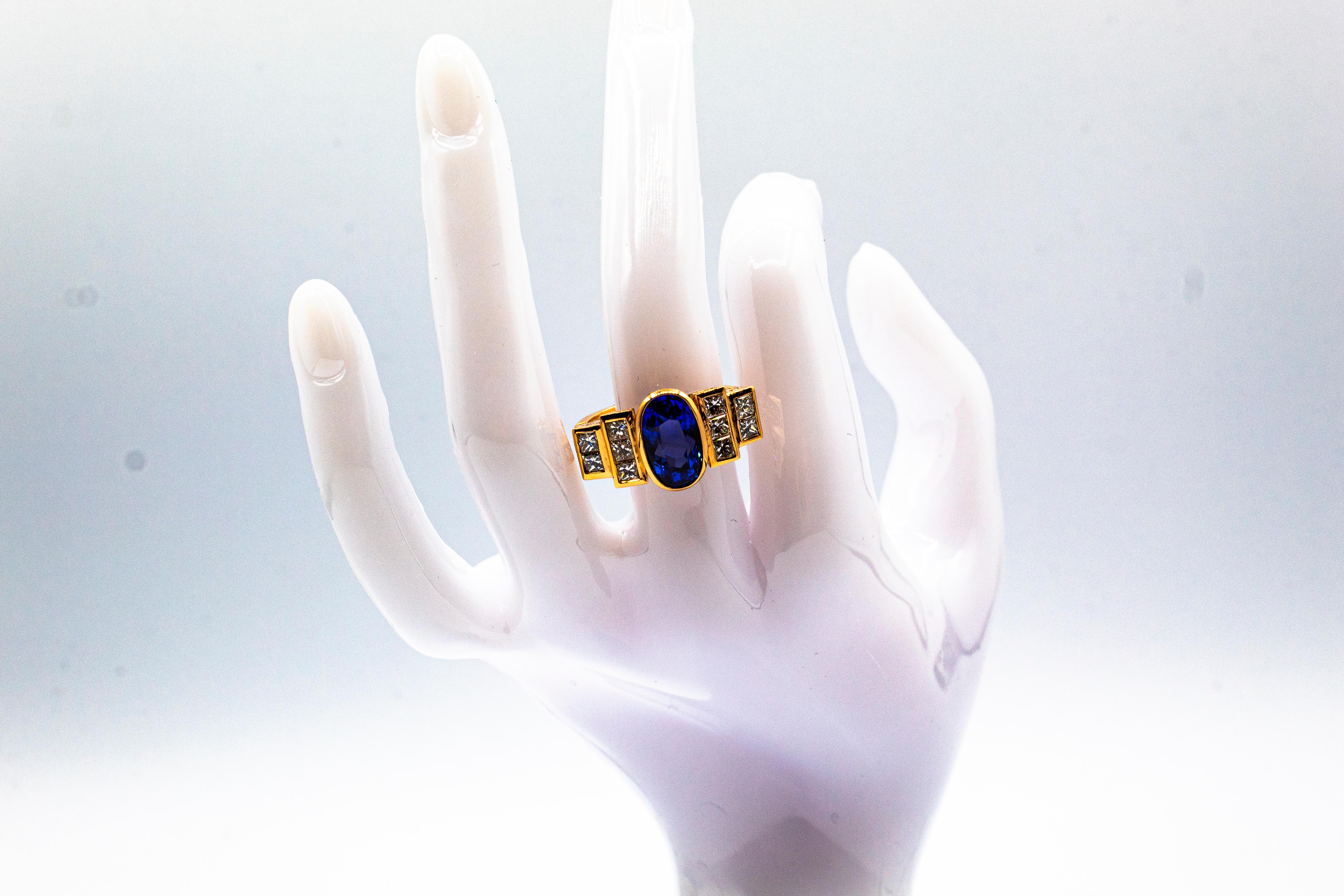 Art Deco Style White Diamond Oval Cut Blue Sapphire Yellow Gold Cocktail Ring 11