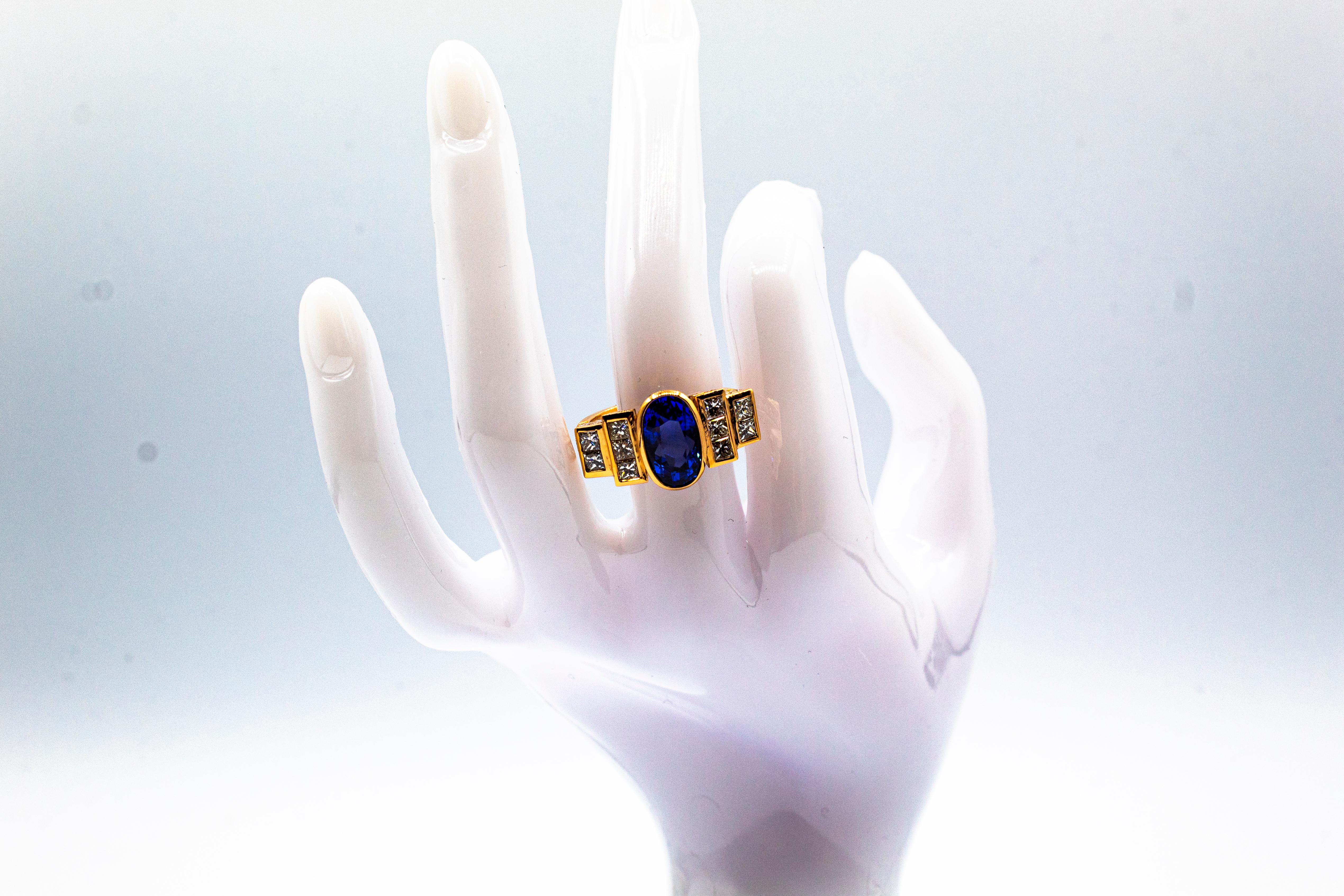Art Deco Style White Diamond Oval Cut Blue Sapphire Yellow Gold Cocktail Ring 12