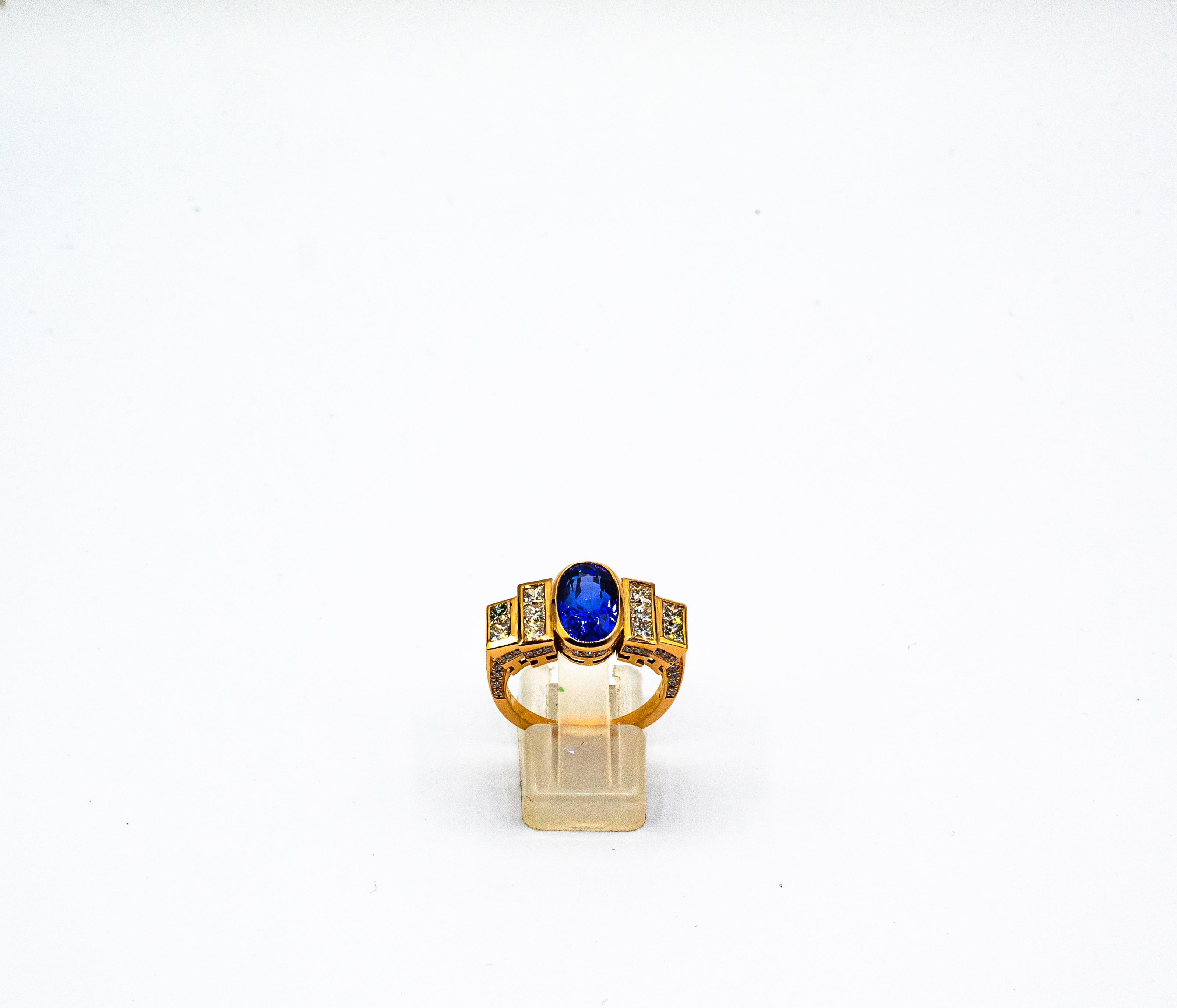 Brilliant Cut Art Deco Style White Diamond Oval Cut Blue Sapphire Yellow Gold Cocktail Ring