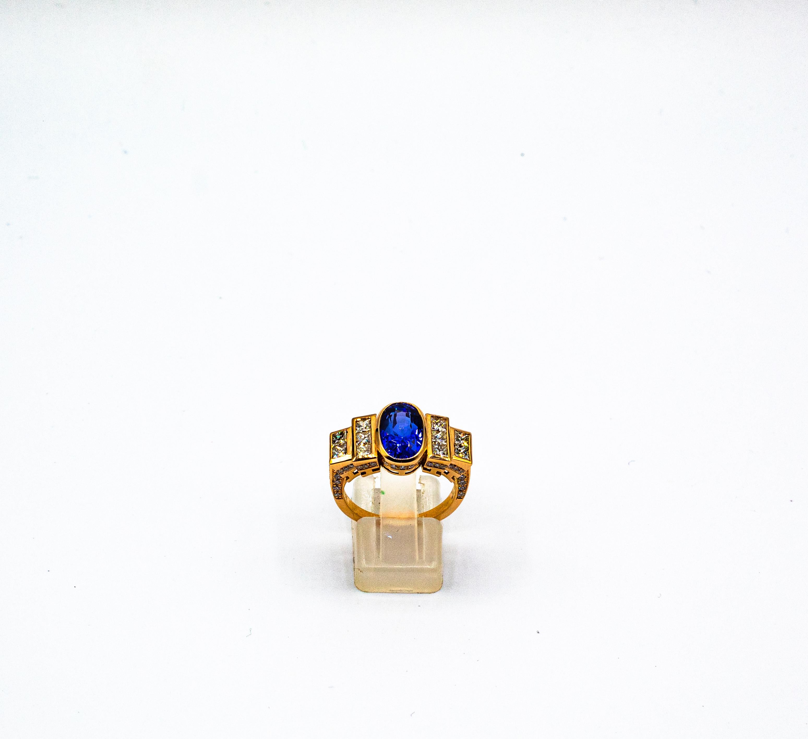 Brilliant Cut Art Deco Style White Diamond Oval Cut Blue Sapphire Yellow Gold Cocktail Ring